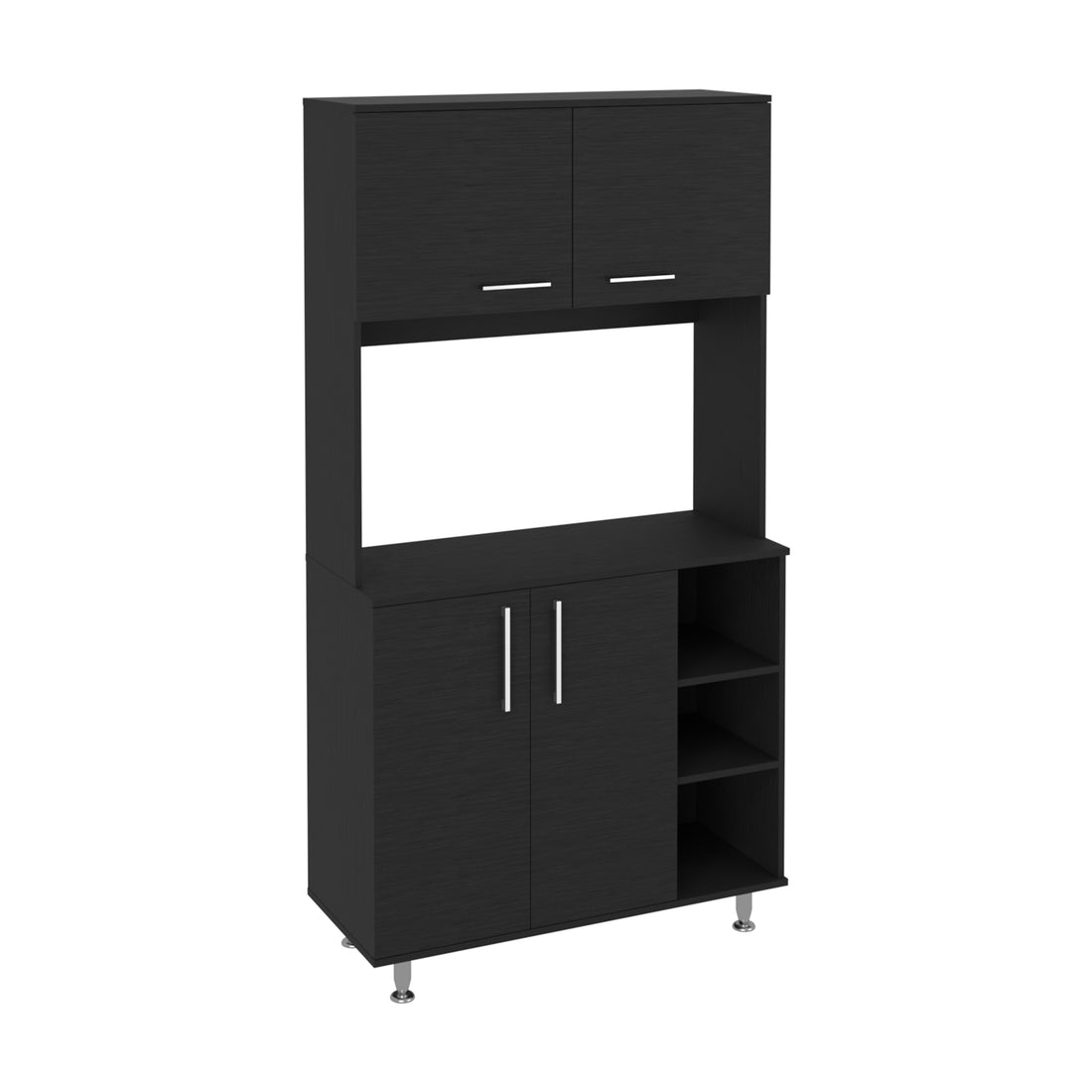 95 Pantry Kit, Four Legs, Double Door Cabinet, Three Shelves Black Freestanding Black Kitchen Shelves Included Modern Particle Board Particle Board