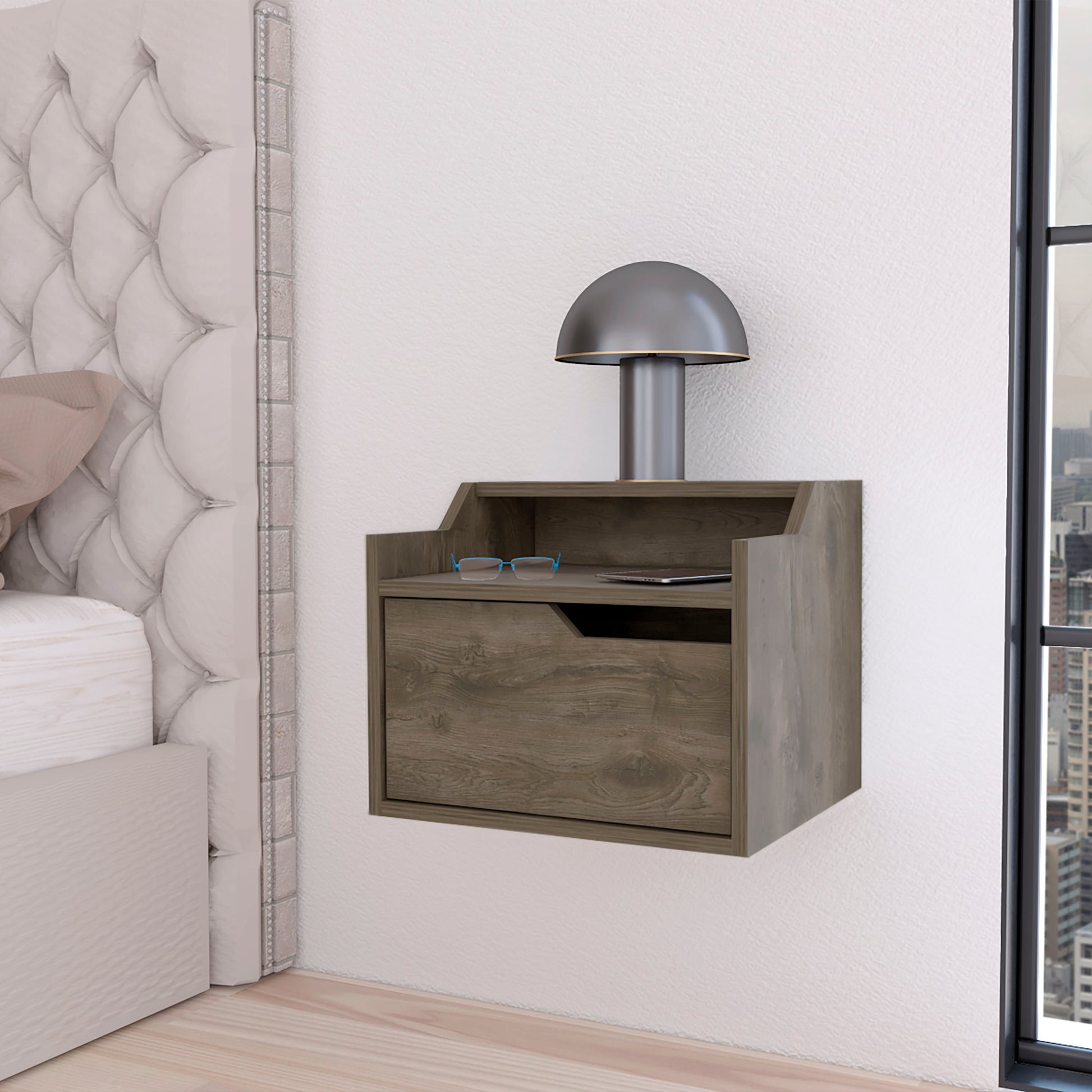 Florence Floating Nightstand With Drawer And Dual Shelf Display Dark Brown Particle Board Engineered Wood