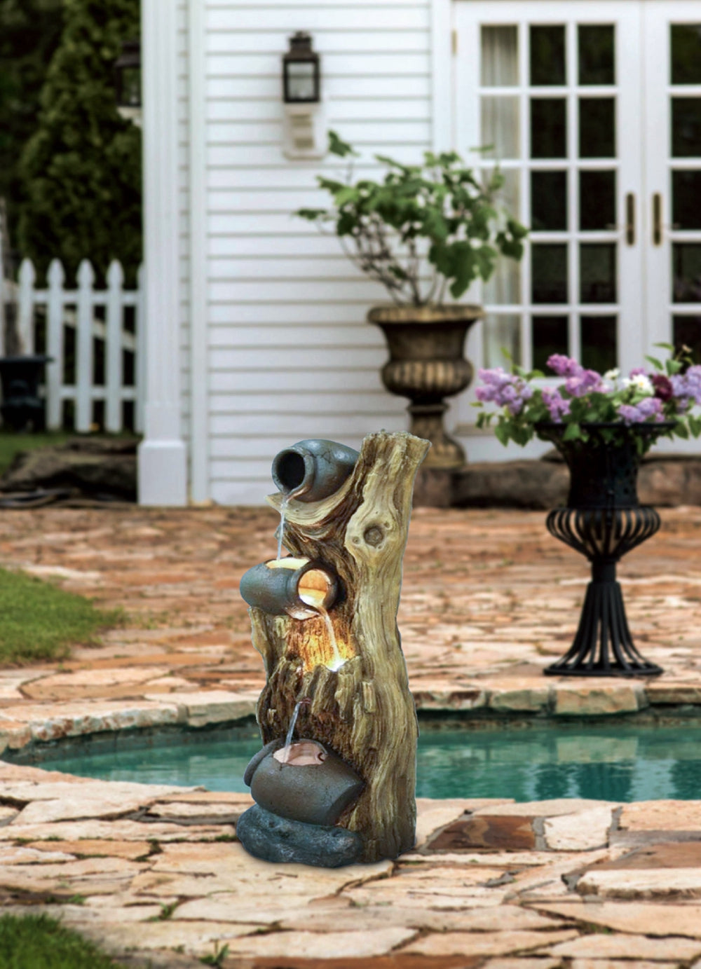 12.4X11.6X37.8" Decorative 3 Tier Tree Trunk Fountain With Lights And Pump, Brown Brown Garden & Outdoor Farmhouse,French Country,Pastoral,Rustic,Traditional Polyresin