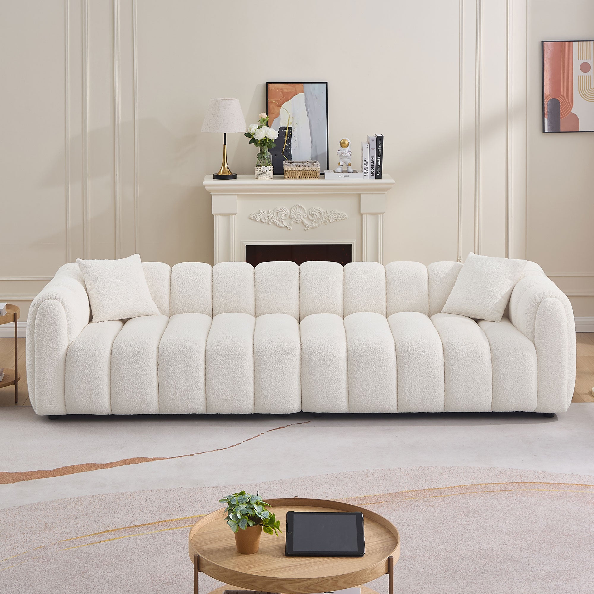 110.23 Inch Oversized Modern Design Sofa,Upholstery Tufted Cloud 41.33''Oversized Deep Seat Sofa,Teddy Fabric Boucle 4 Seats Couch With Solid Wood For Living Room, Office, Bedroom,Apartment Beige Wood Fabric 4 Seat