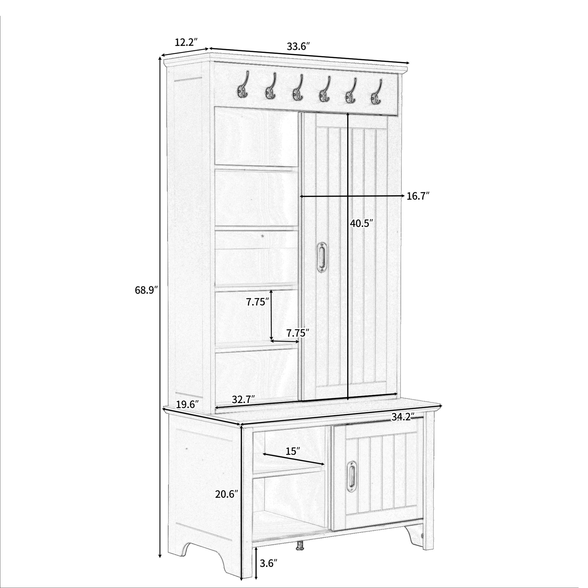 Multifunctional Hall Tree With Sliding Doors, Wooden Hallway Shoe Cabinet With Storage Bench And Shelves, Mudroom Coat Storage With Hanging Hooks For Entryways, White White Mdf