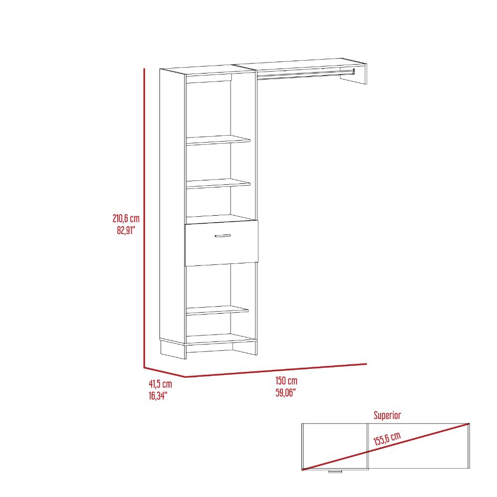 Manchester 150 Closet System, Metal Rod, Five Open Shelves, One Drawer Black Black Bedroom Modern Particle Board Particle Board