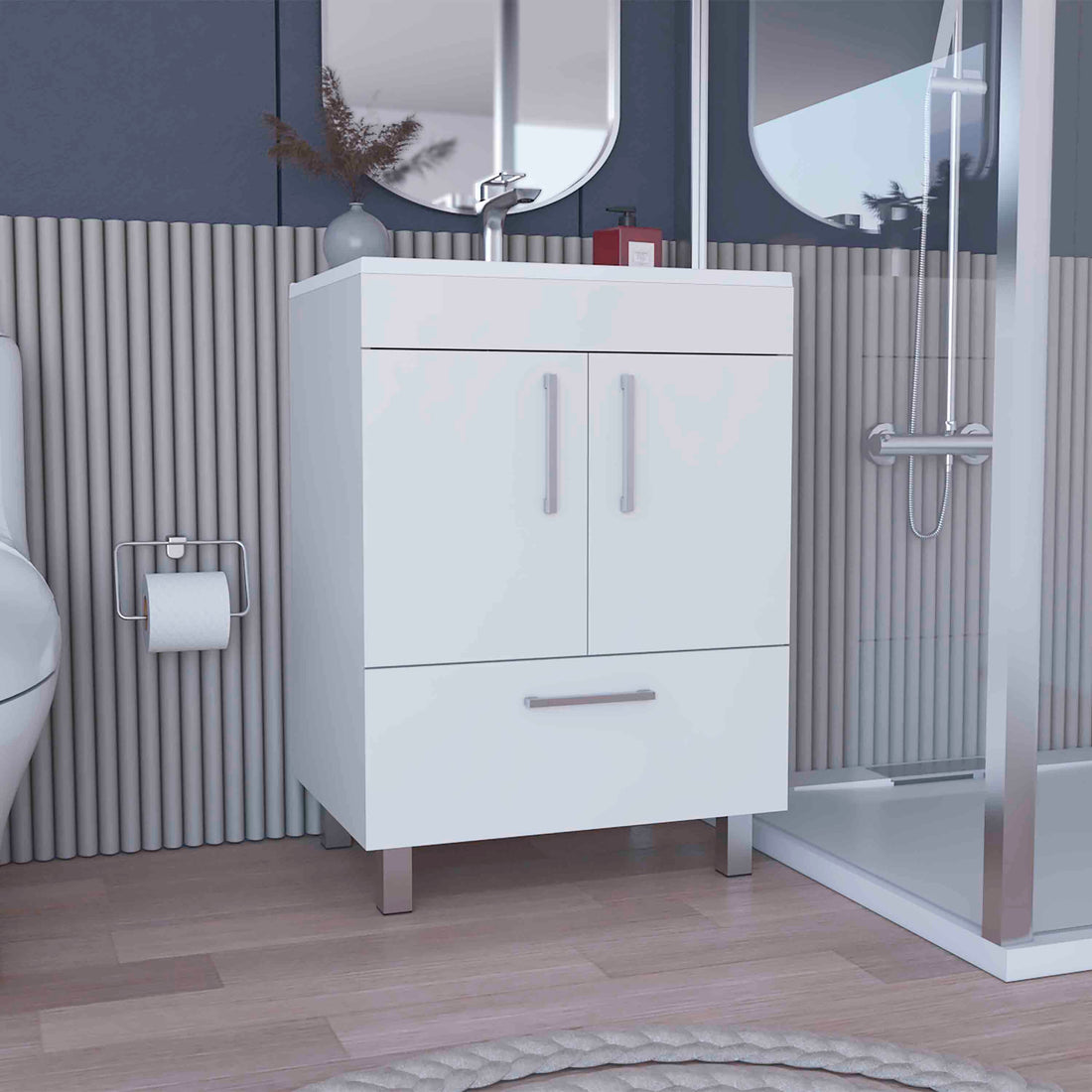 Velloc Single Bathroom Vanity, Double Door Cabinet, One Drawer White White Bathroom Modern Particle Board Particle Board