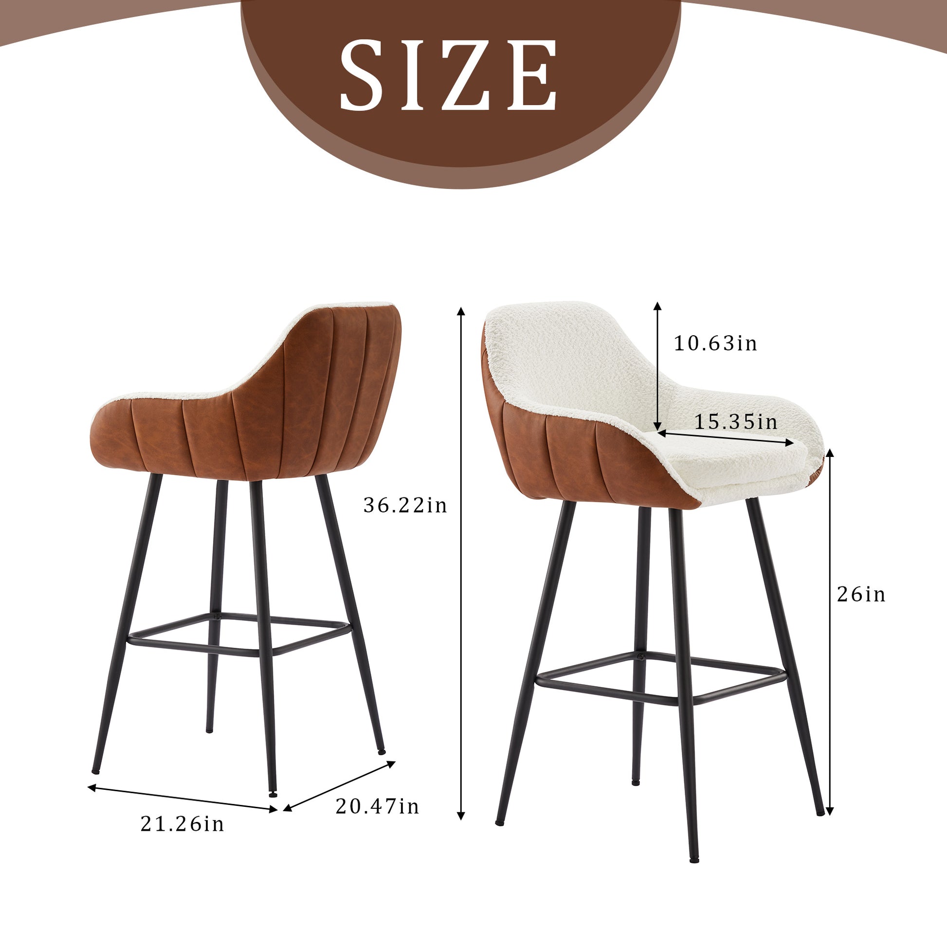 26" Modern Counter Height Bar Stools Set Of 2, Mid Century Leather Upholstered Accent Arm Bar Stools, Leisure Side Chair With Metal Legs For Kitchen&Dining Room Metal White Vintage Dining Room Sponge Wipe Clean Rectangular Modern Bar Stools Set Of 2