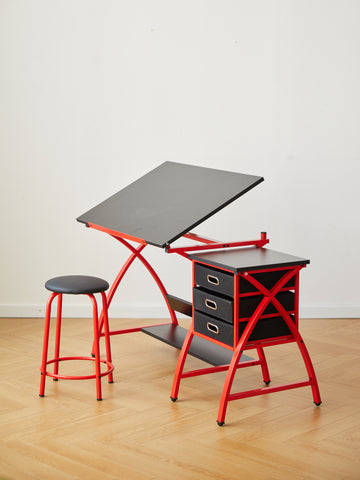 Drafting Table Red With Stool Red Mdf Metal