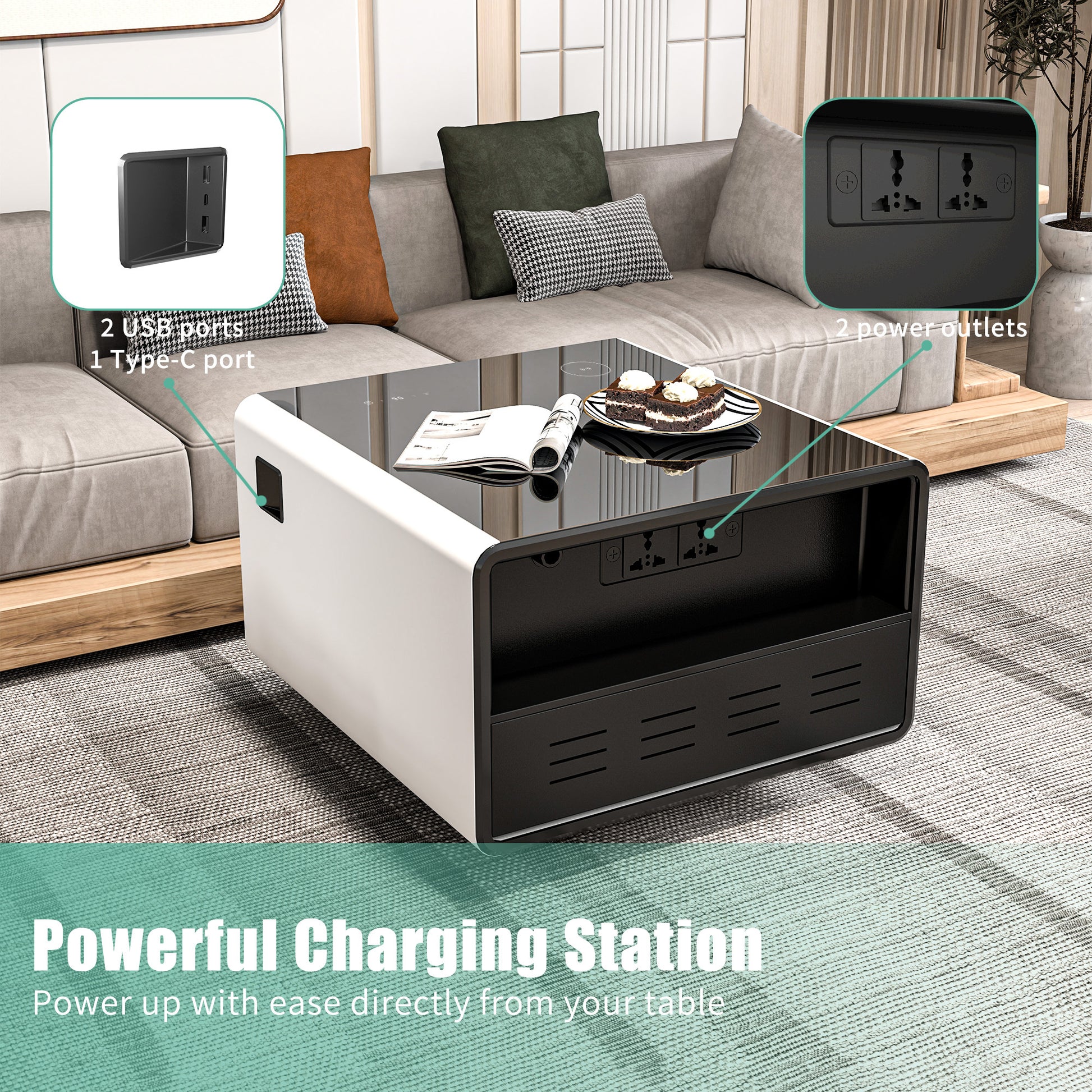 Modern Smart Side Table With Built In Fridge, Wireless Charging, Temperature Control, Power Socket, Usb Ports, Outlet Protection, Induction Light, White Black White Built In Outlets Or Usb Standing Desk Converter Primary Living Space Luxury,Modern