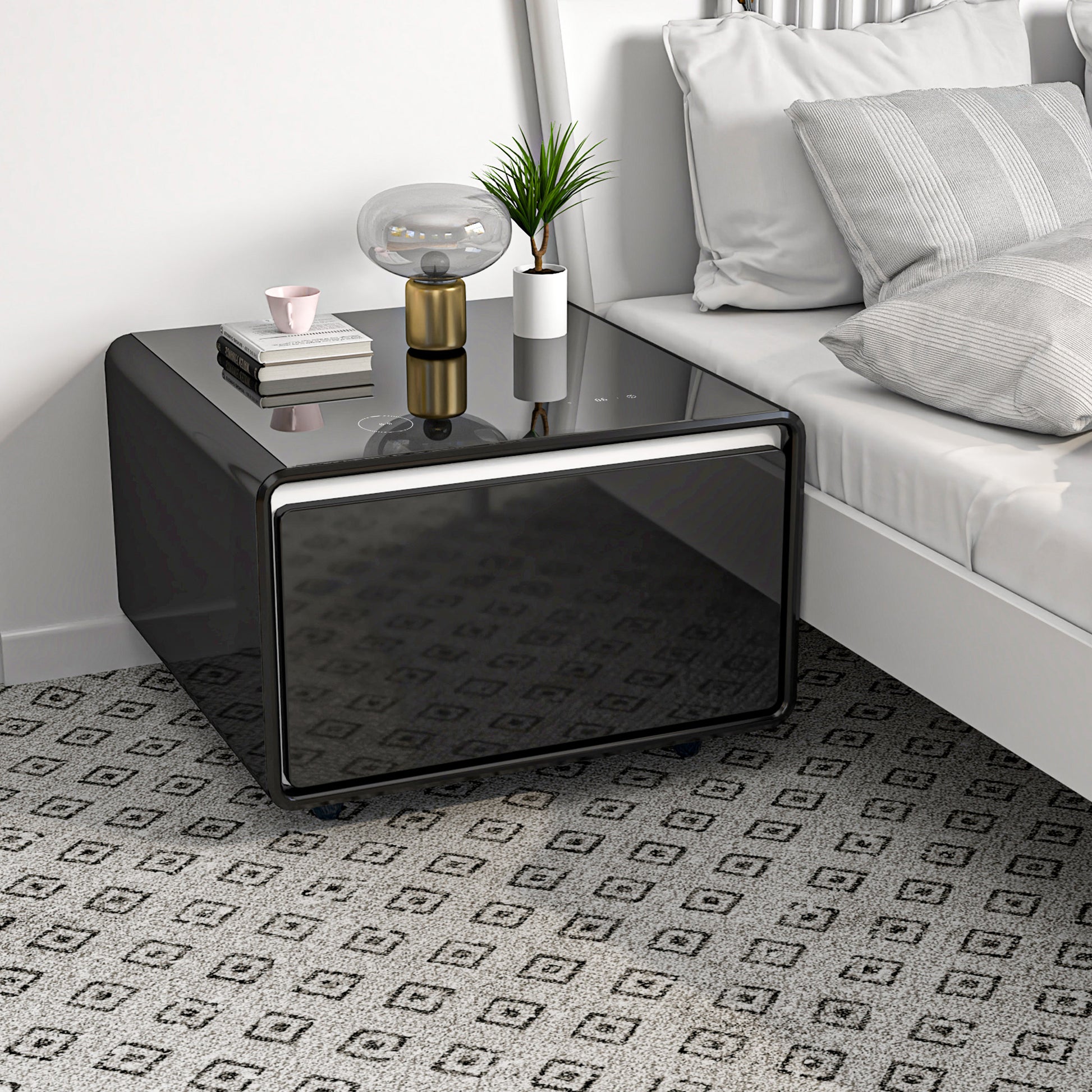Modern Smart Side Table With Built In Fridge, Wireless Charging, Temperature Control, Power Socket, Usb Ports, Outlet Protection, Induction Light, Black Black Built In Outlets Or Usb Standing Desk Converter Primary Living Space Luxury,Modern Freestanding