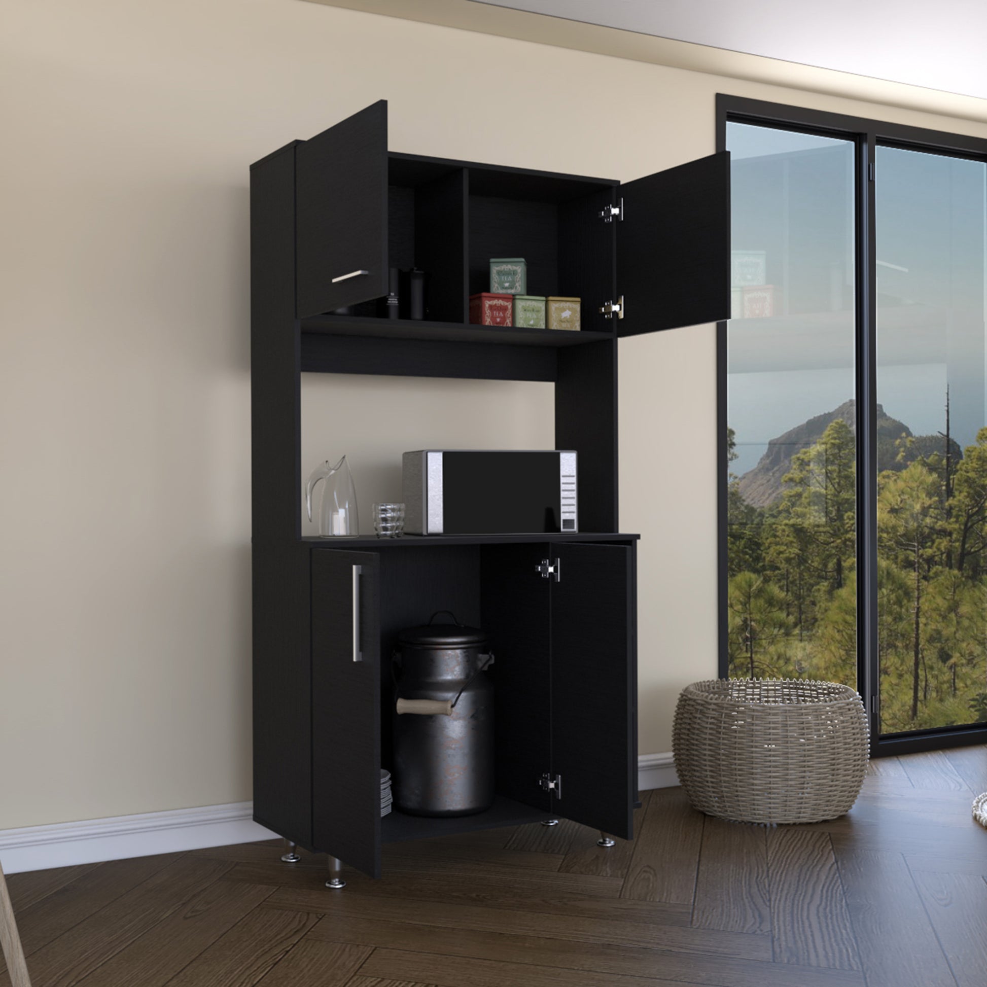 95 Pantry Kit, Four Legs, Double Door Cabinet, Three Shelves Black Freestanding Black Kitchen Shelves Included Modern Particle Board Particle Board