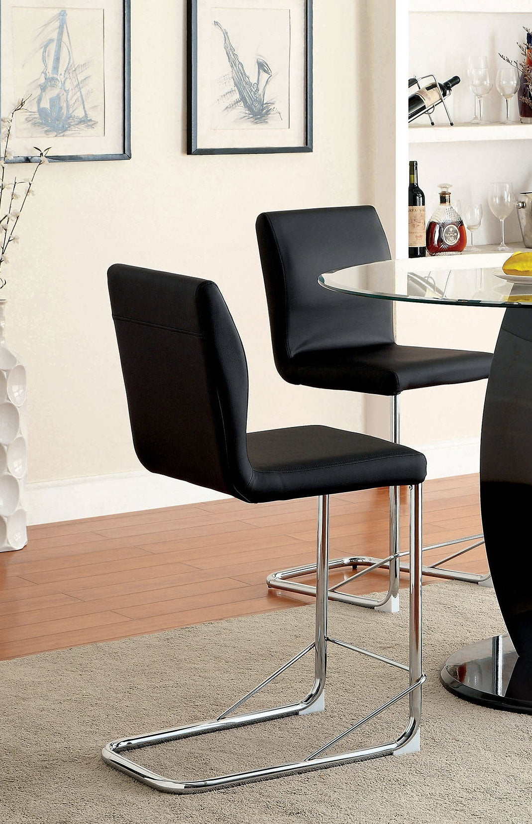 Modern Elegance Black Color2Pcs Counter Height Dining Chairs Chrome Metal Legs Dining Room High Chairs Black Dining Room Contemporary,Modern Dining Chairs Solid Back Set Of 2 Chrome