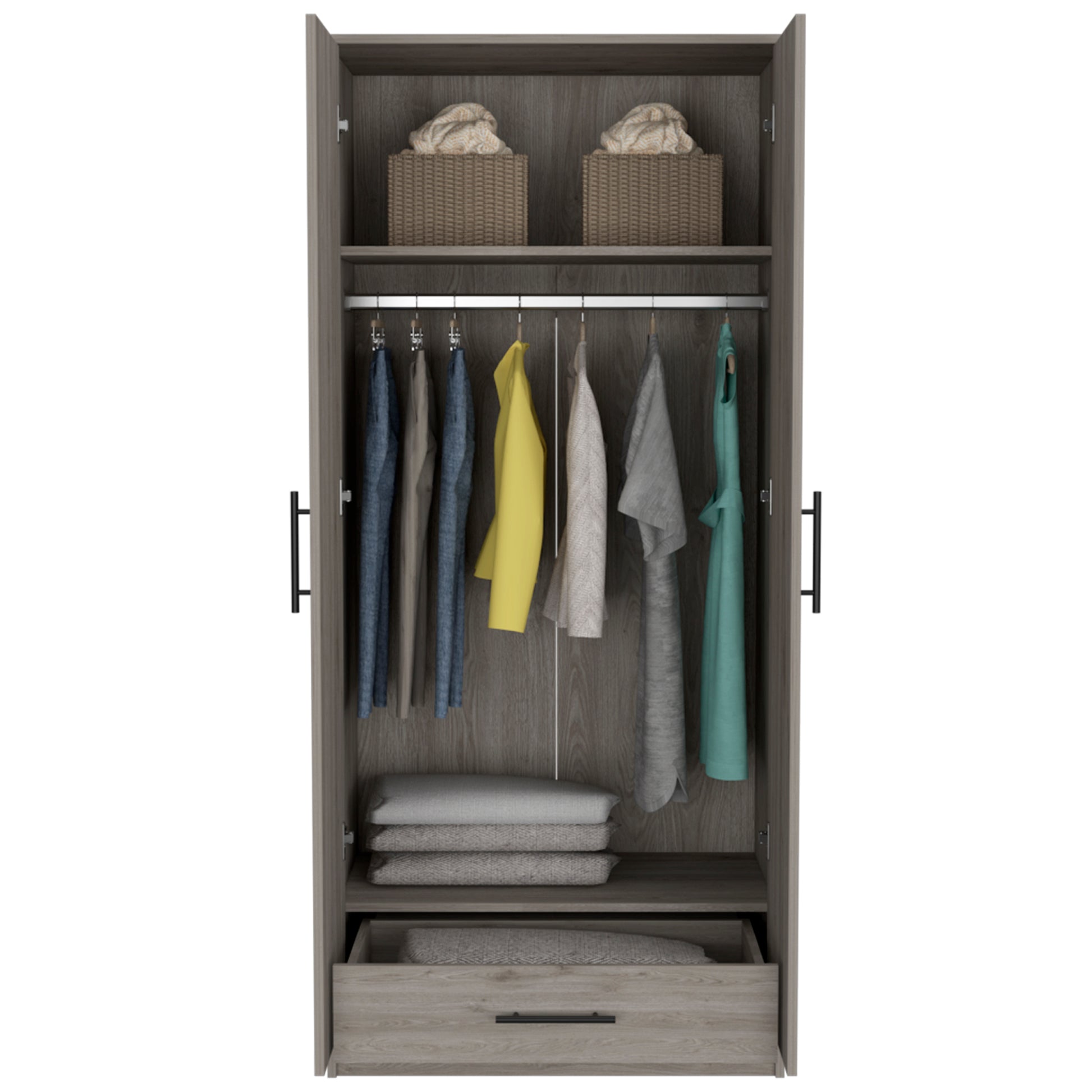 Ambery 180 Armoire, Two Shelves, Double Door, Metal Rod, One Drawer Light Gray Gray Bedroom Modern Particle Board Particle Board