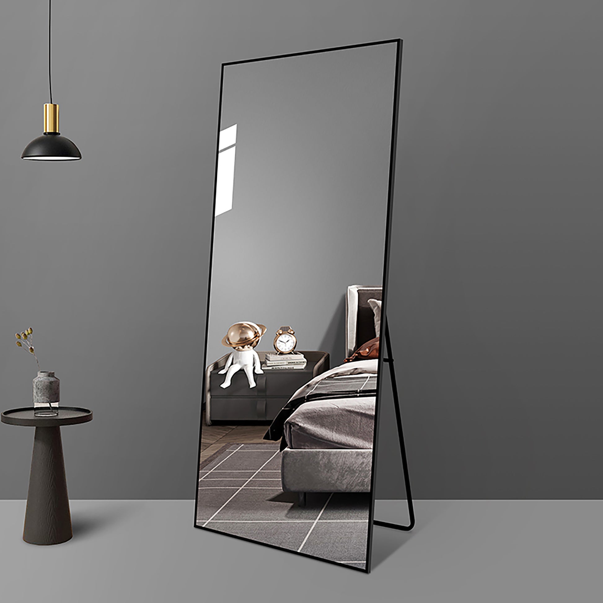 65*24 Inch Floor Mirror Full Length Mirror Ultra Thin Aluminum Alloy Frame Modern Style Standing Hanging Mirror Wall Mounted Mirror Black Modern Glass Metal