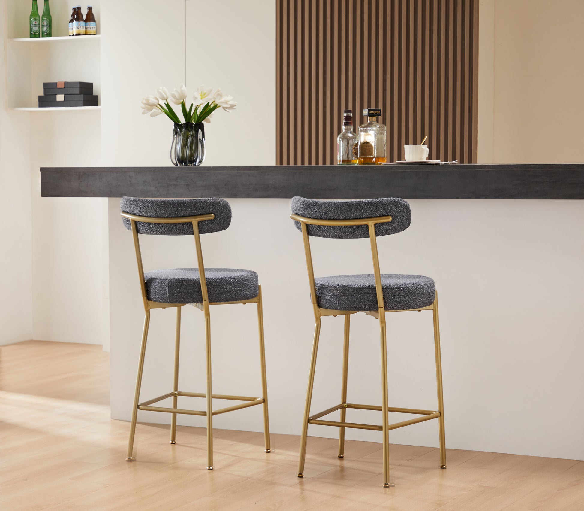 25" Modern Gold Bar Stools Set Of 2 Counter Height Bar Stools For Kitchen Counter Upholstered Sherpa Counter Stools With Backs Kitchen Island Stool Metal Grey Gold Dining Room Sponge Wipe Clean Round Modern Bar Stools Set Of 2 Fabric Metal