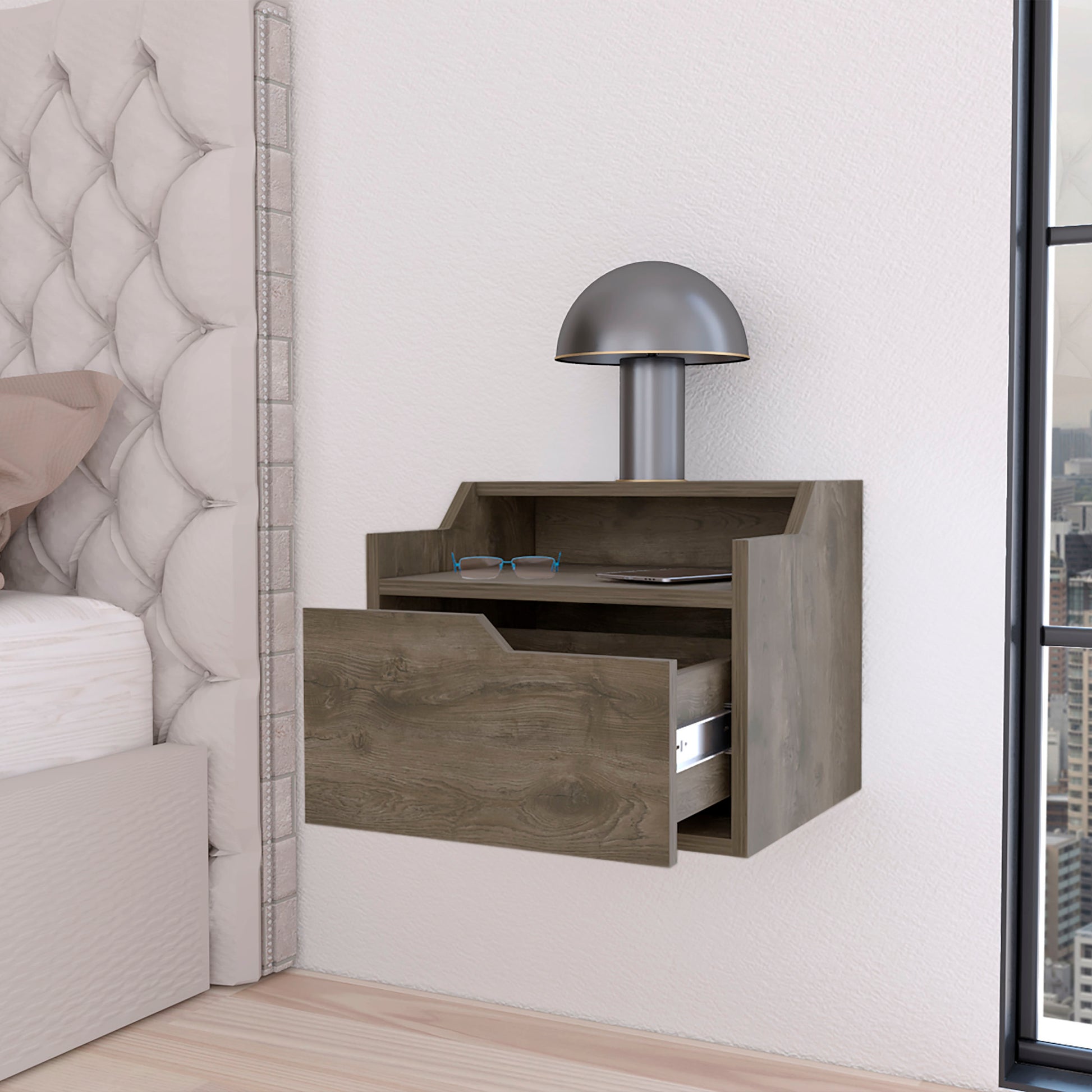 Florence Floating Nightstand With Drawer And Dual Shelf Display Dark Brown Particle Board Engineered Wood