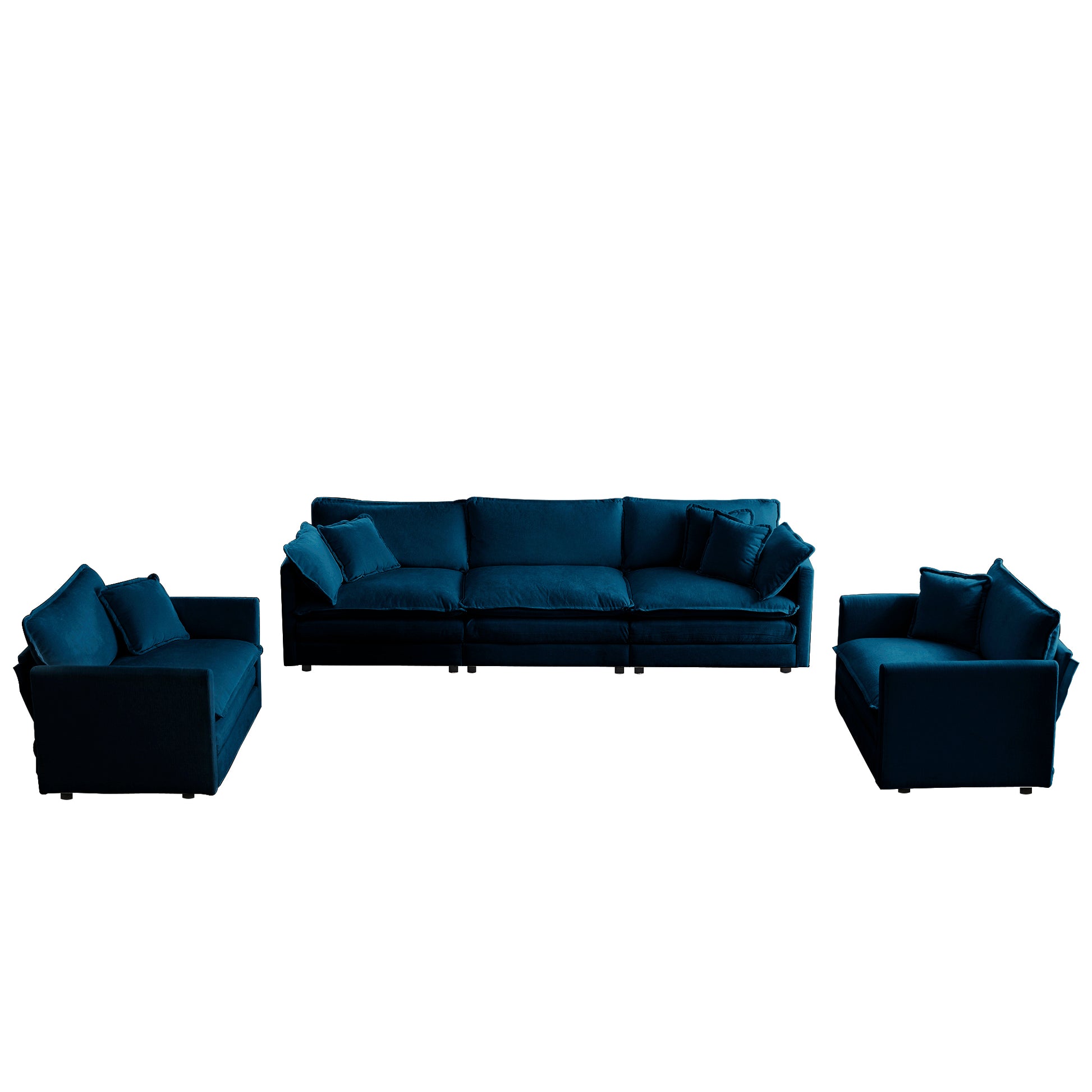 Sofa Set Of 3, 1 1 3 Seats Living Room Sofa Set, Accent Chair, Loveseat, And Three Seat Sofa Modern Style Round Arms 3 Piece Sofa Set, Blue Blue Chenille 5 Seat