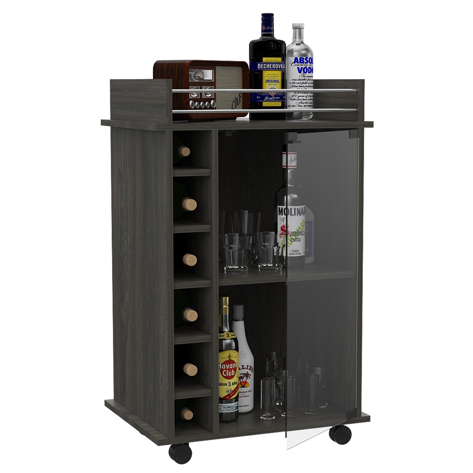 Vegas Bar Cart, Two Tier Cabinet With Glass Door, Six Cubbies For Liquor Mobile Carts 1 2 Spaces Gray Gray Primary Living Space Open Storage Space Modern Pine Particle Board Engineered Wood