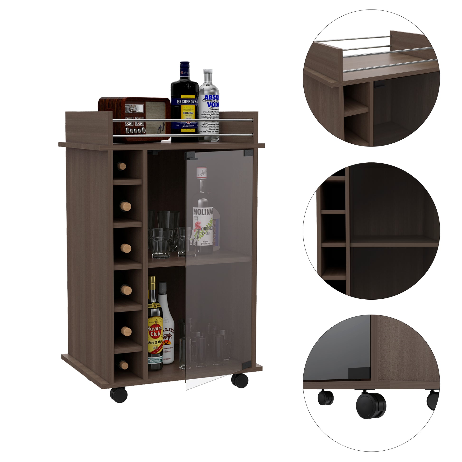 Vegas Bar Cart, Two Tier Cabinet With Glass Door, Six Cubbies For Liquor Smoke Particle Board Engineered Wood