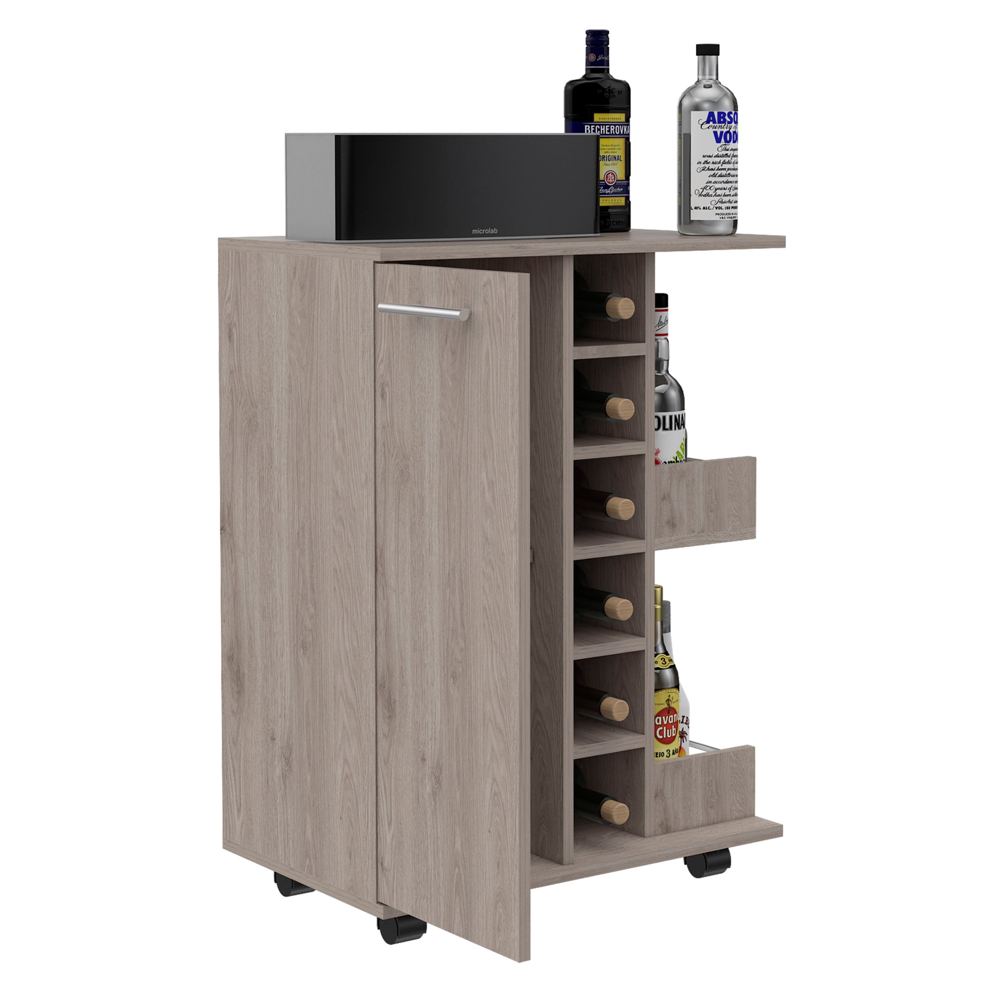 Tennessee Bar Cart, One Cabinet With Division, Six Cubbies For Liquor, Two Shelves 5 Or More Spaces Light Gray Primary Living Space Open Storage Space Modern Pine Particle Board Engineered Wood