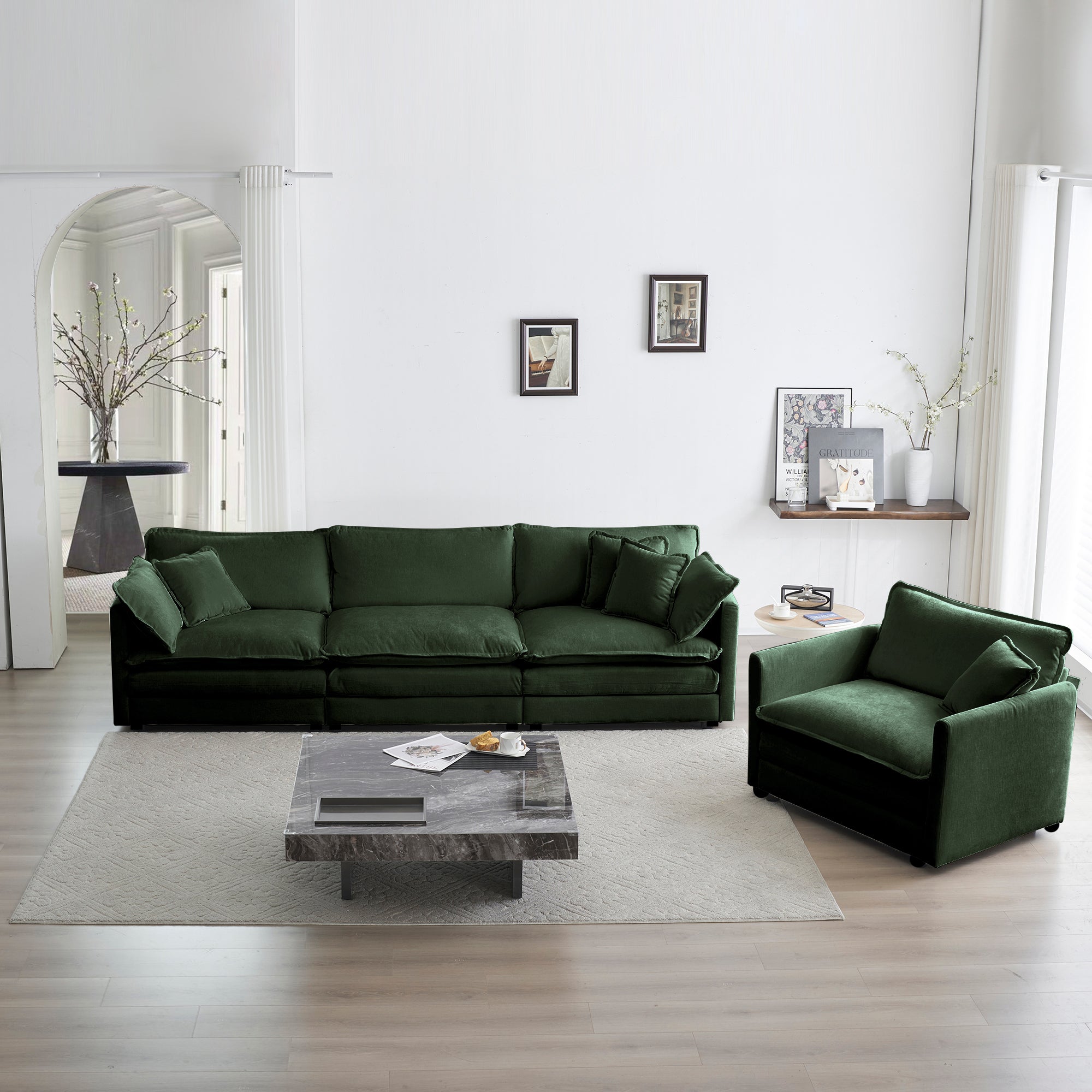 2 Piece Upholstered Sofa, Living Room Sectional Sofa Set Modern Sofa Couches Setdeep Seat Sofa For Living Room Apartment, 1 3 Seat Green Chenille Green Chenille 4 Seat