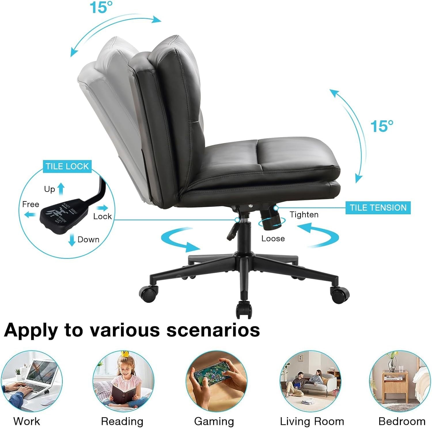 Office Chair Armless Desk Chair With Wheels, Pu Padded Wide Seat Home Office Chairs, 120 Rocking Mid Back Cute Computer Chair For Bedroom, Vanity, Makeup Wood Black Cotton Office Chairs Handle Pu