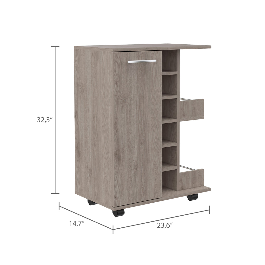 Tennessee Bar Cart, One Cabinet With Division, Six Cubbies For Liquor, Two Shelves 5 Or More Spaces Light Gray Primary Living Space Open Storage Space Modern Pine Particle Board Engineered Wood