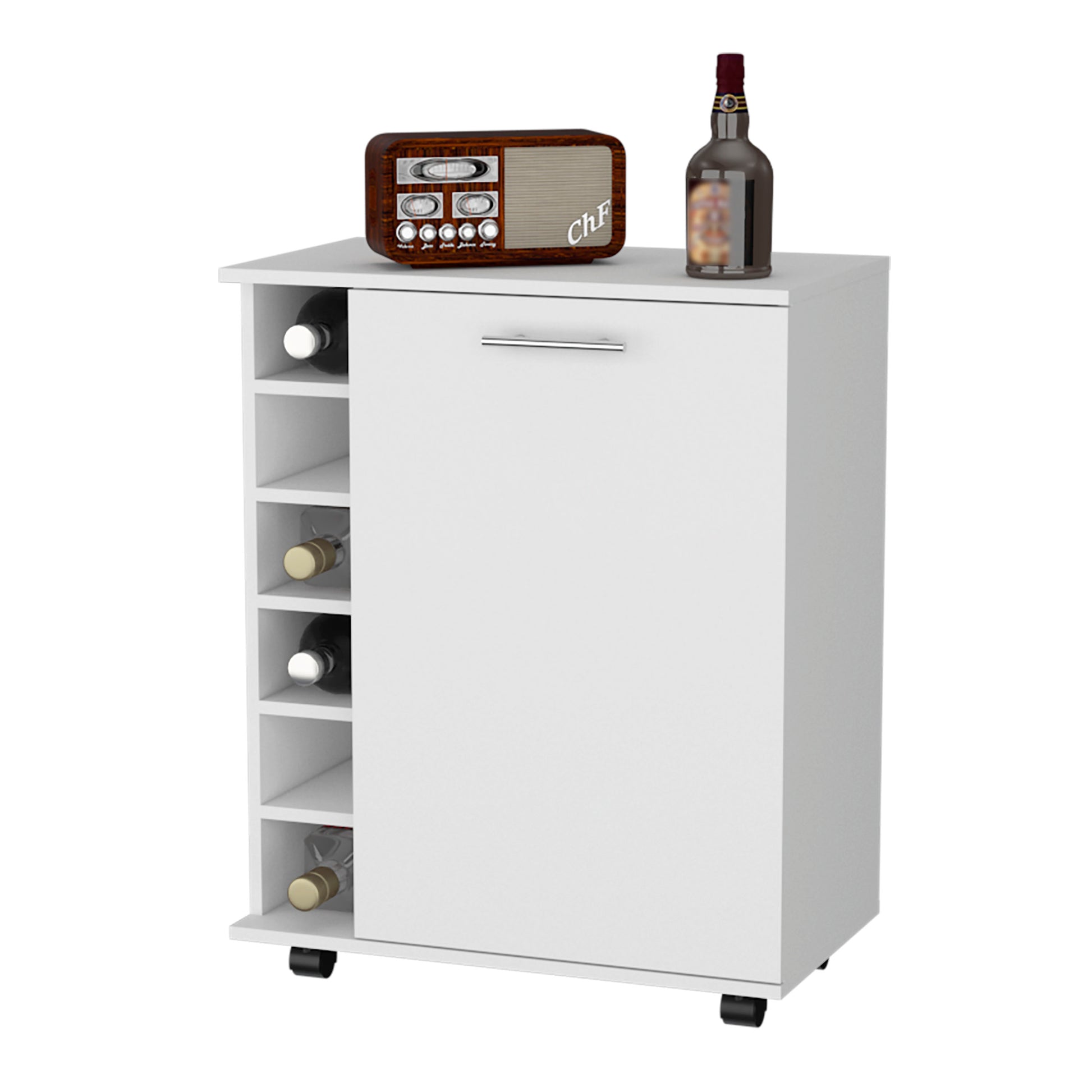 Rawlins Bar Cart With 6 Bottle Rack, Storage Cabine And Mobile Caster Wheels White Primary Living Space Modern Pine Particle Board Engineered Wood