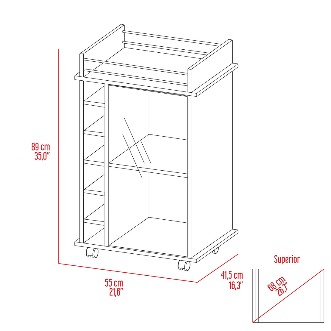 Vegas Bar Cart, Two Tier Cabinet With Glass Door, Six Cubbies For Liquor Black Dining Room Modern Rectangular Stationary Kitchen Islands Particle Board Engineered Wood Medium 40 55In