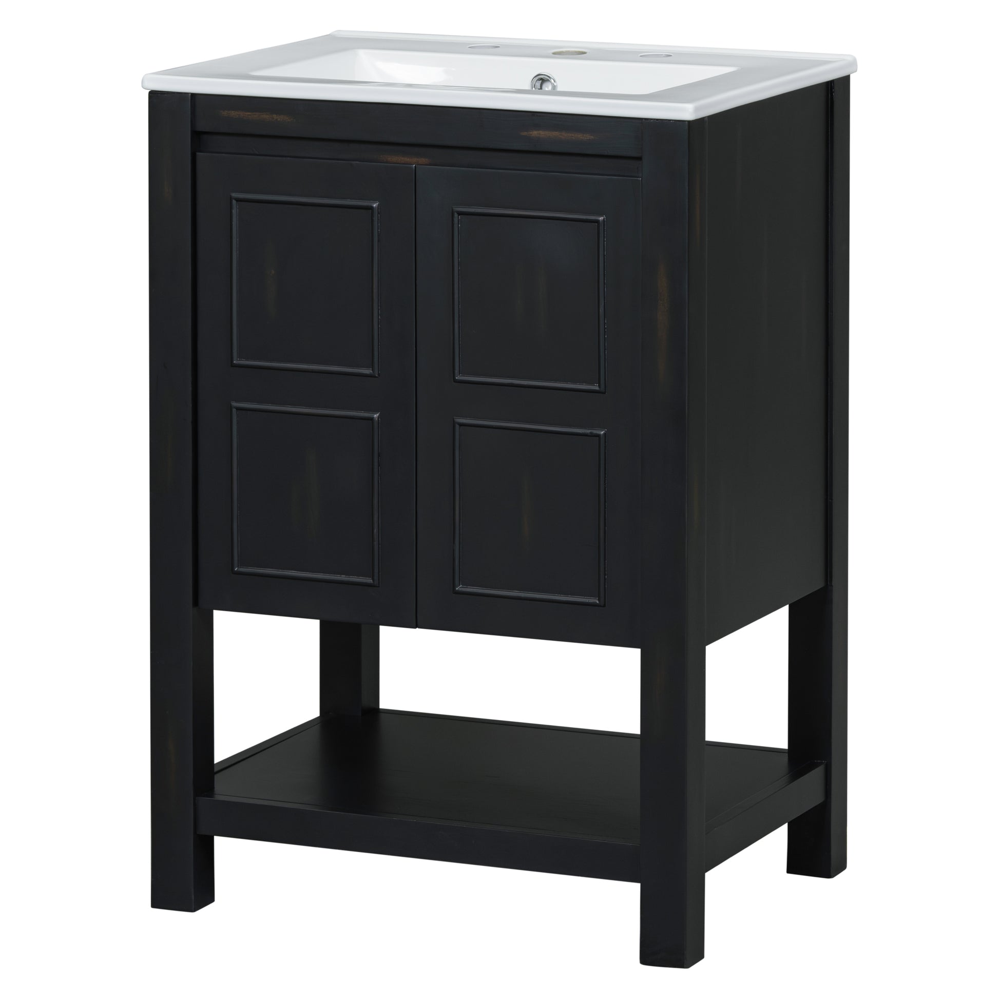 24X18.3X34.7 Inches Compact Vintage Style Bathroom Vanity Cabinet And Ceramic Sink Combo With Open Shelf 2 Soft Close Doors Espresso Bathroom Solid Wood Mdf