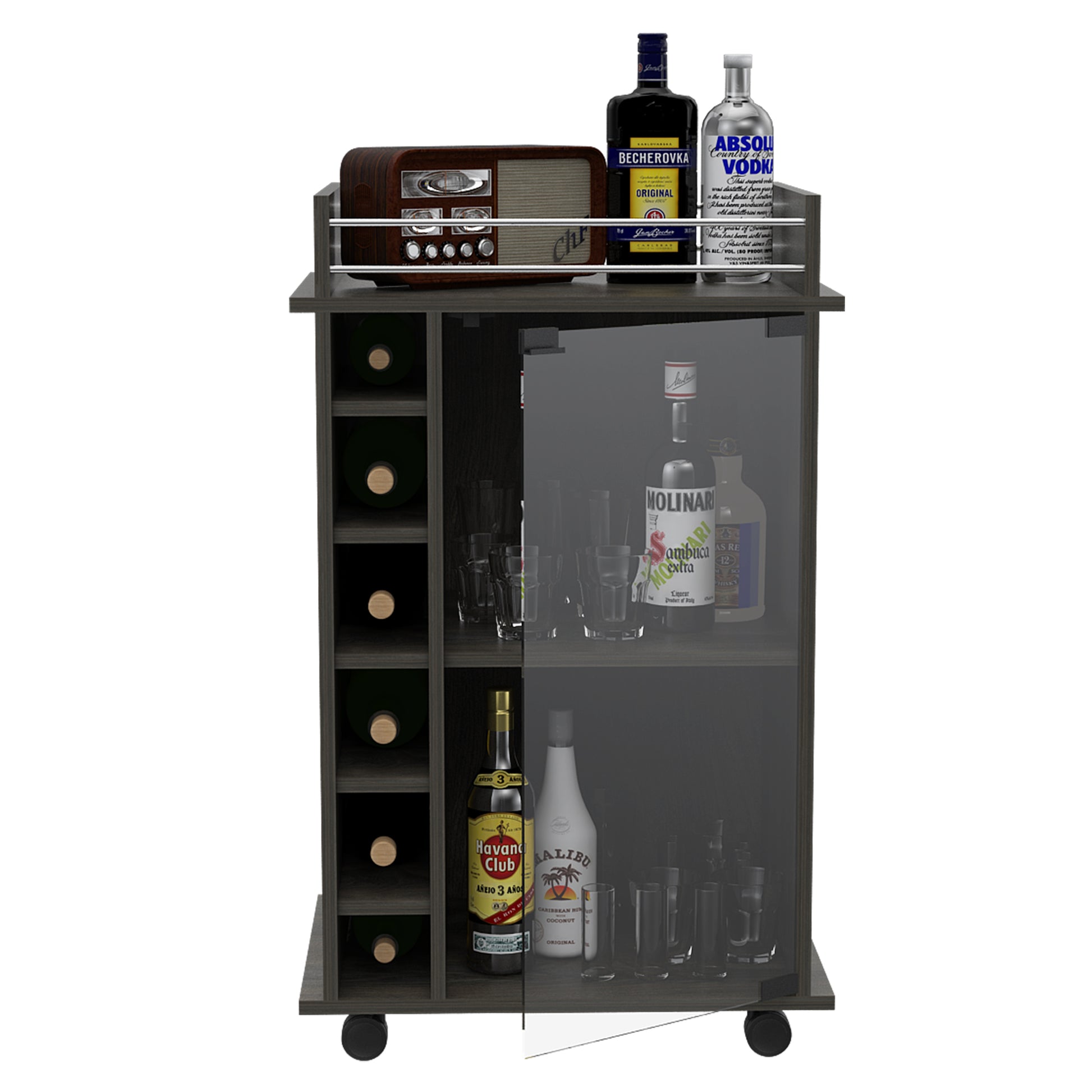 Dukat Bar Cart,Two Shelves, Six Built In Wine Rack, Four Casters Espresso Brown Primary Living Space Modern Rectangular Particle Board Particle Board Medium 40 55In