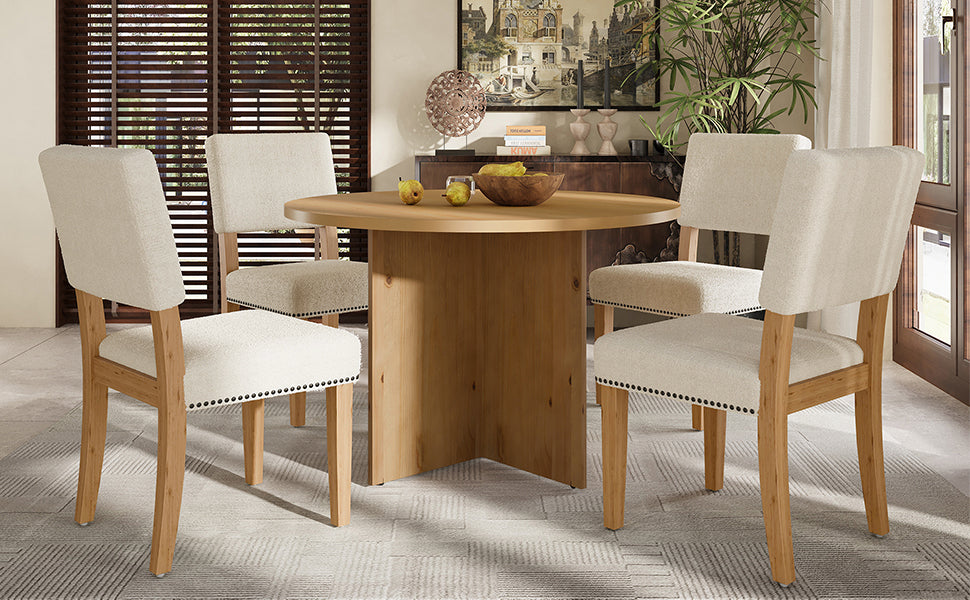 Modern 5 Piece Round Dining Table Set Pedestal Kitchen Table Set With 4 Upholstered Dining Chairs For Studio, Apartment, Small Places, Natural Wood Dining Room Solid Wood Rubberwood Round Dining Table With Chair Wood Wood Natural Solid Back Seats 4