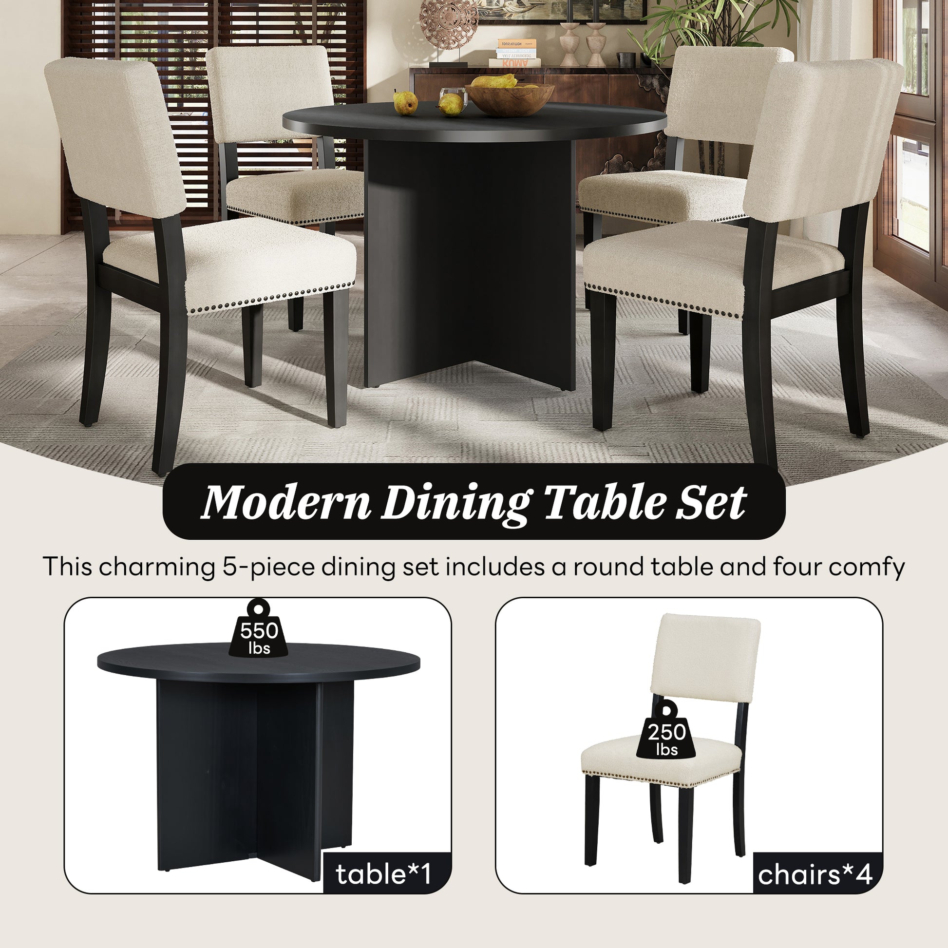 Modern 5 Piece Round Dining Table Set Pedestal Kitchen Table Set With 4 Upholstered Dining Chairs For Studio, Apartment, Small Places, Black Wood Dining Room Solid Wood Rubberwood Round Dining Table With Chair Wood Wood Black Solid Back Seats 4 Farmhouse