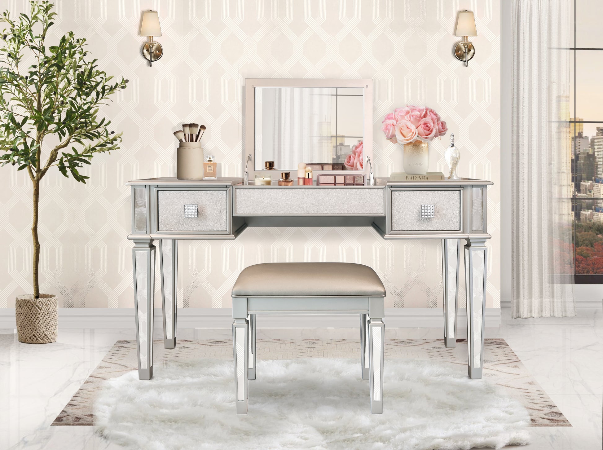 mirrored dressing table with mirror Modern Black Makeup Vanity Set Jewelry Storage & Glass TopHomary it has 12 other drawers of the same size where you can store everything you need on a daily basis.The dresser for the bedroom will give you ample space for your vanity storage Venetian 2 Drawer Dressing Table