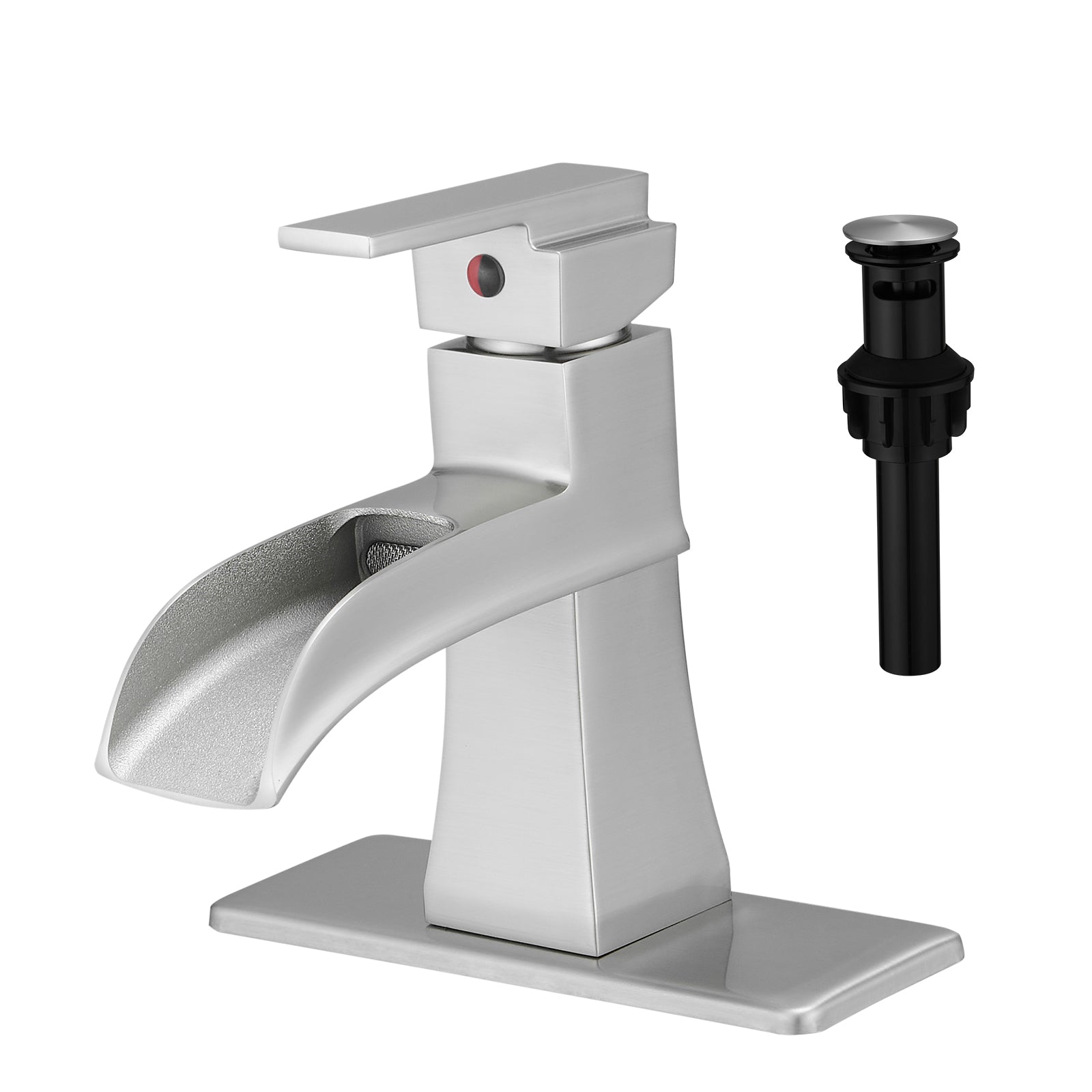 Sink Faucet With Deck Plate Waterfall Brushsed With Pop Up Drain And Supply Lines Bathroom Faucets For Sink 1 Hole One Handle Faucets Vanity Bath Mixer Tap Bathroom Joystick Geometric One Brushed Nickel Side Sprayer Deck Mounted Cartridge Valve Single