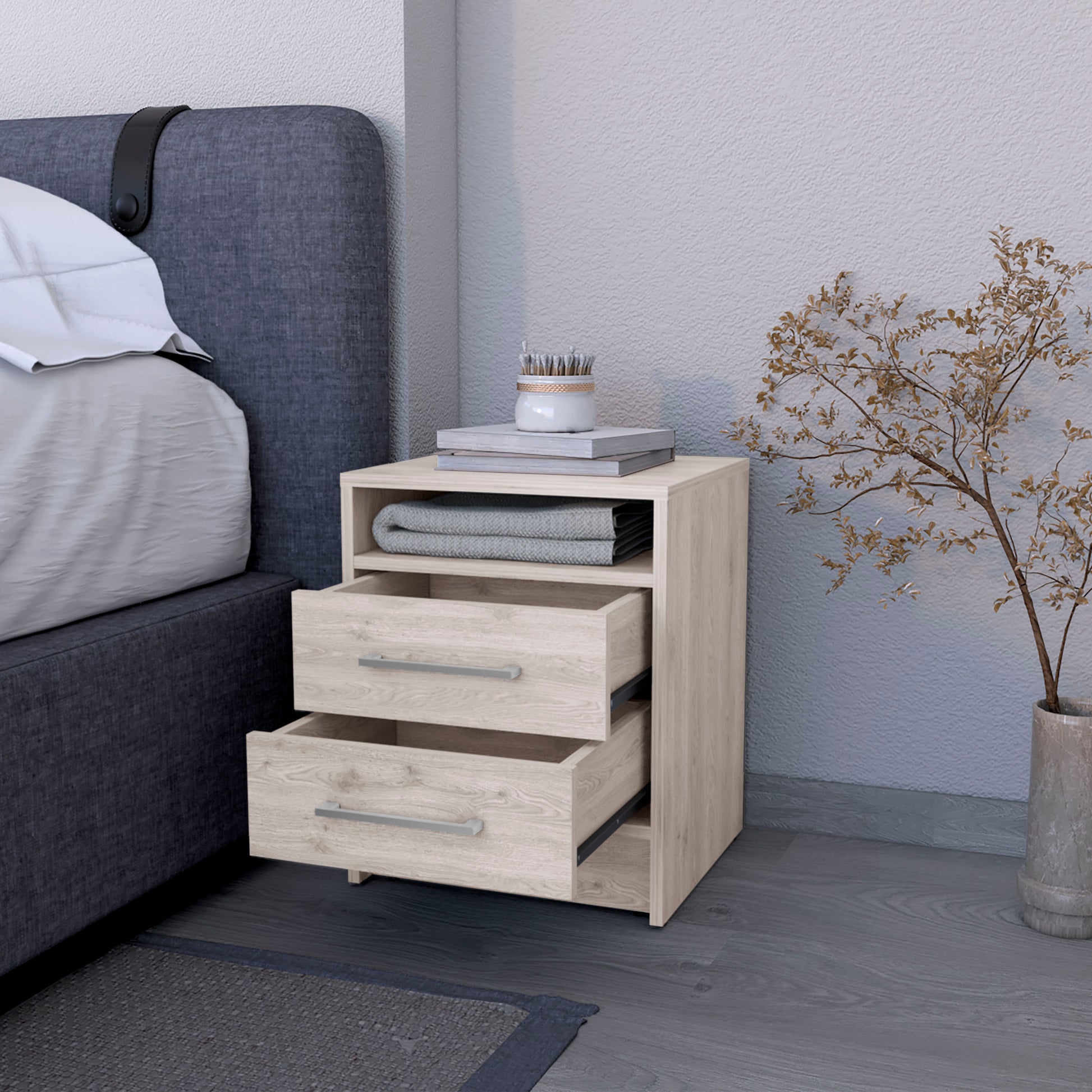 Philadelphia Nightstand, Two Drawers, Concealed Shelf Beige Bedroom Modern Mdf Engineered Wood