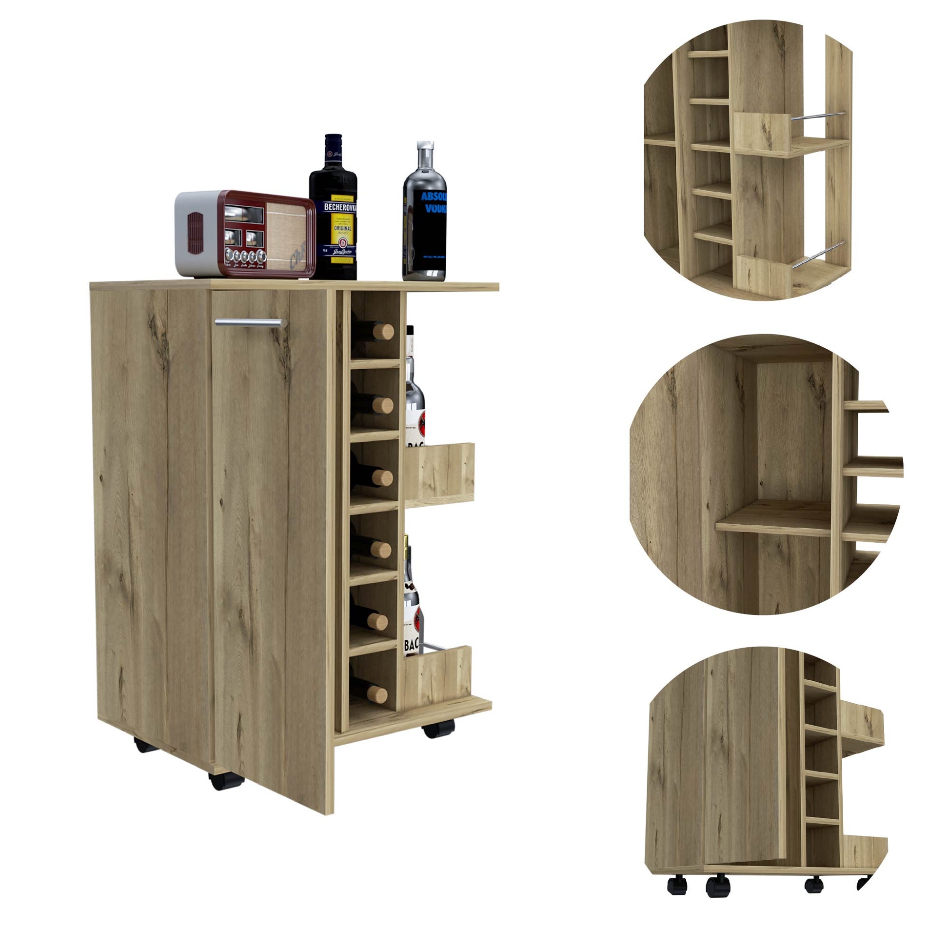 Bar Cart, Two External Shelves, Four Casters, Six Built In Wine Rack, Single Door Cabinet Light Oak Beige Particle Board Particle Board