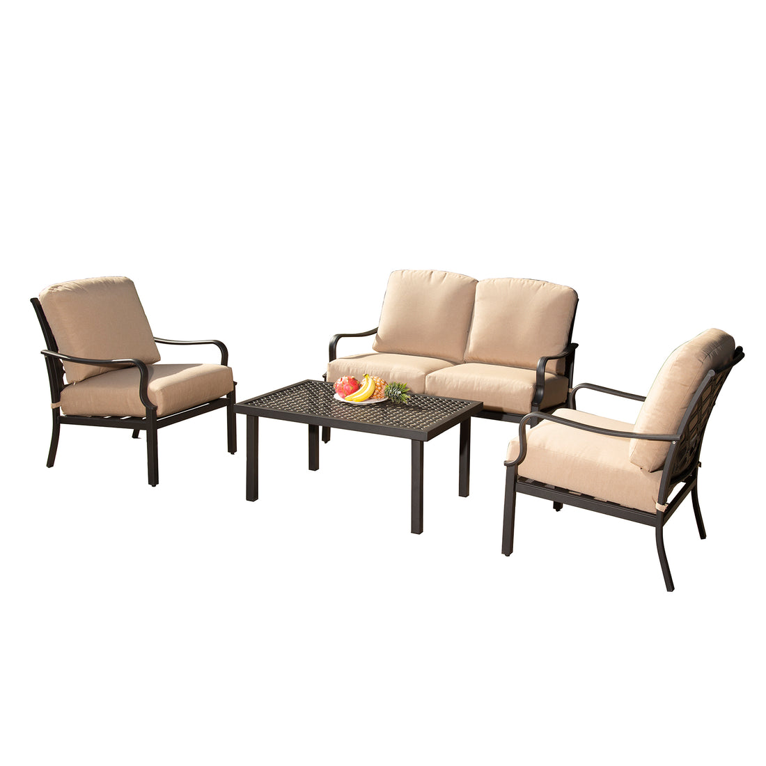 Outdoor 4 Pcs Patio Conversation Set, Metal Dining Table And Chairs Dining Set With Removable Beige Cushions For Garden Lawn Yard Beige Metal