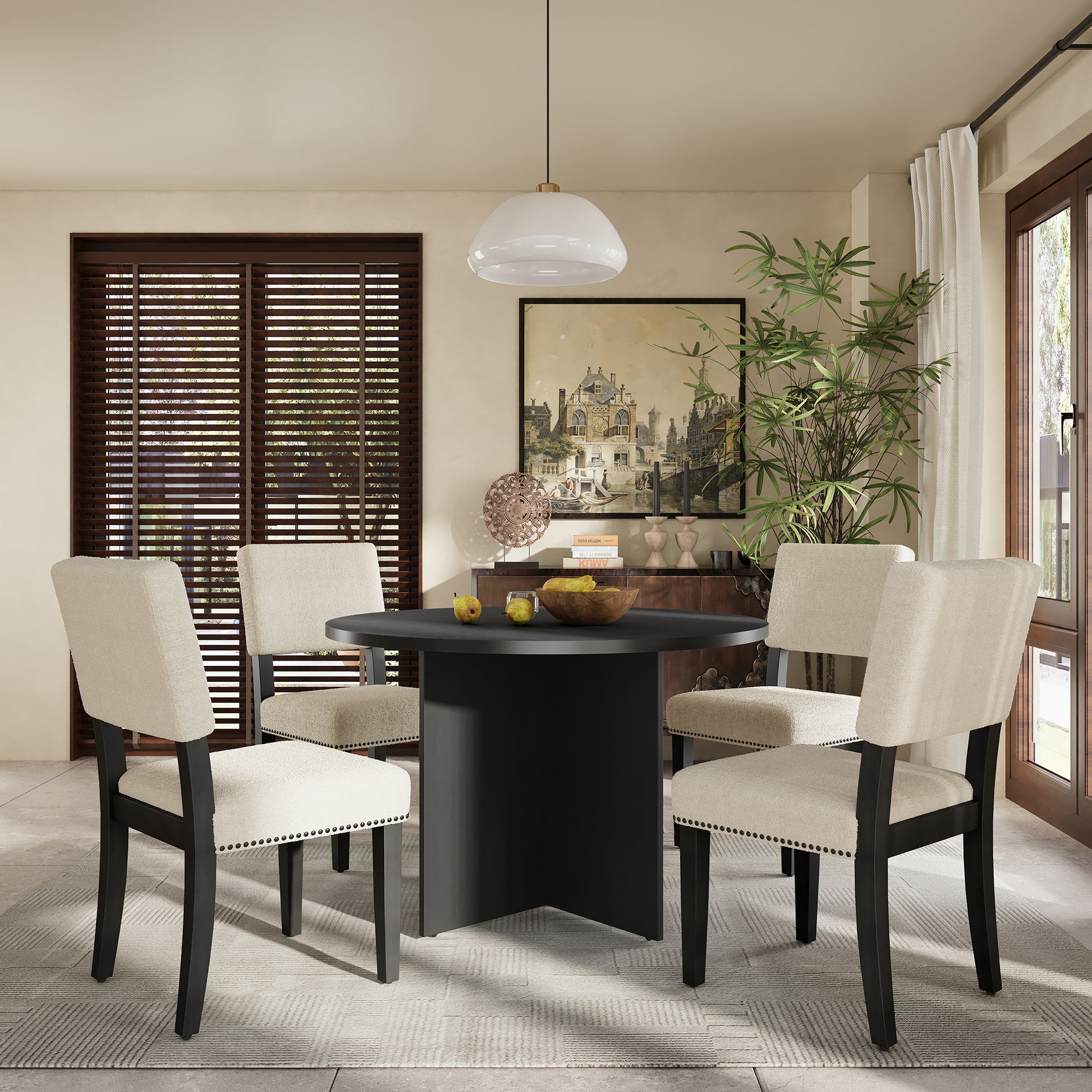 Modern 5 Piece Round Dining Table Set Pedestal Kitchen Table Set With 4 Upholstered Dining Chairs For Studio, Apartment, Small Places, Black Wood Dining Room Solid Wood Rubberwood Round Dining Table With Chair Wood Wood Black Solid Back Seats 4 Farmhouse