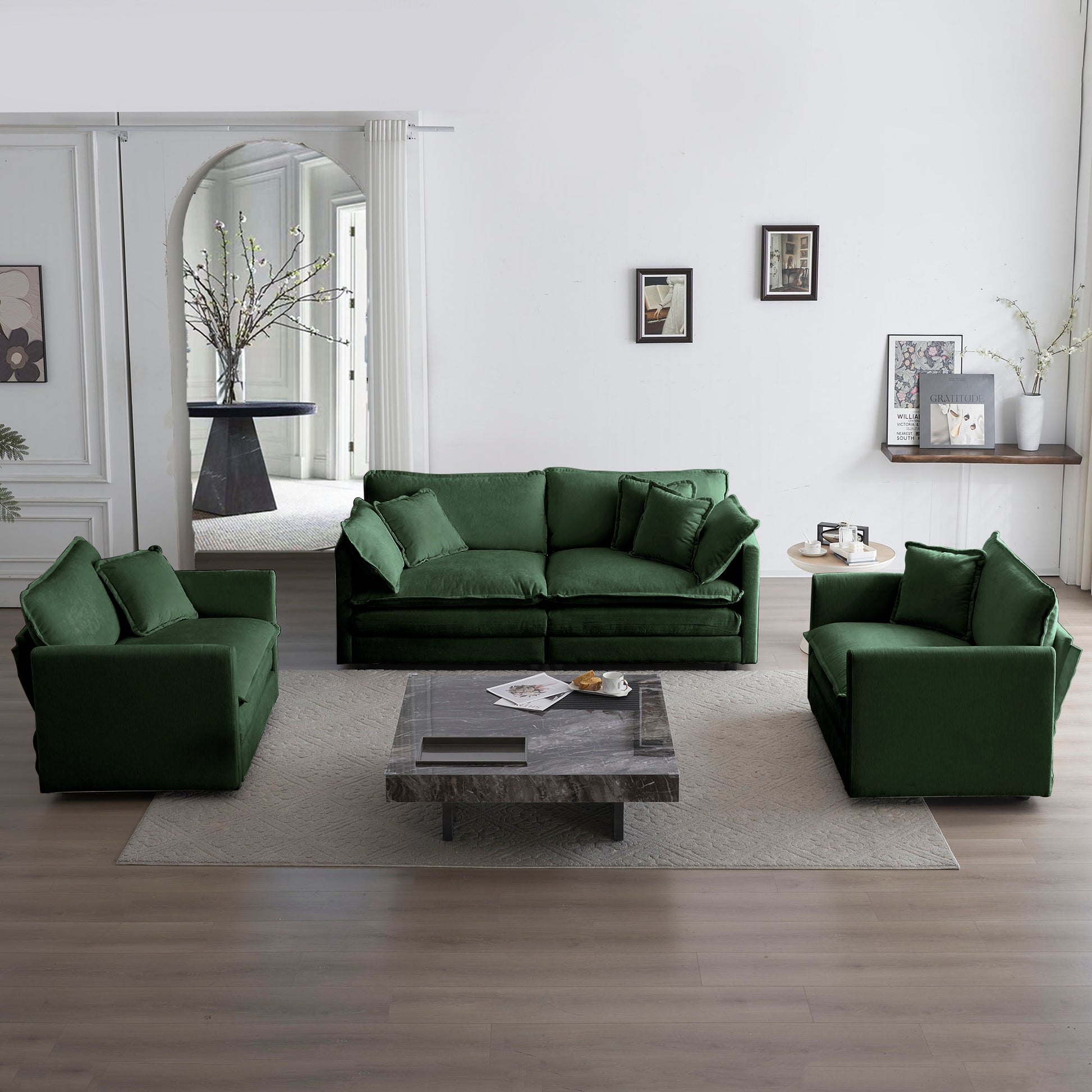 3 Piece Sofa Set With Arm Pillows And Toss Pillowssofa Set Include 2 Piece Of Arm Chair And One 2 Seat Sofa, Space Saving Casual Sofa Set For Living Room, Green Chenille Green Chenille 4 Seat