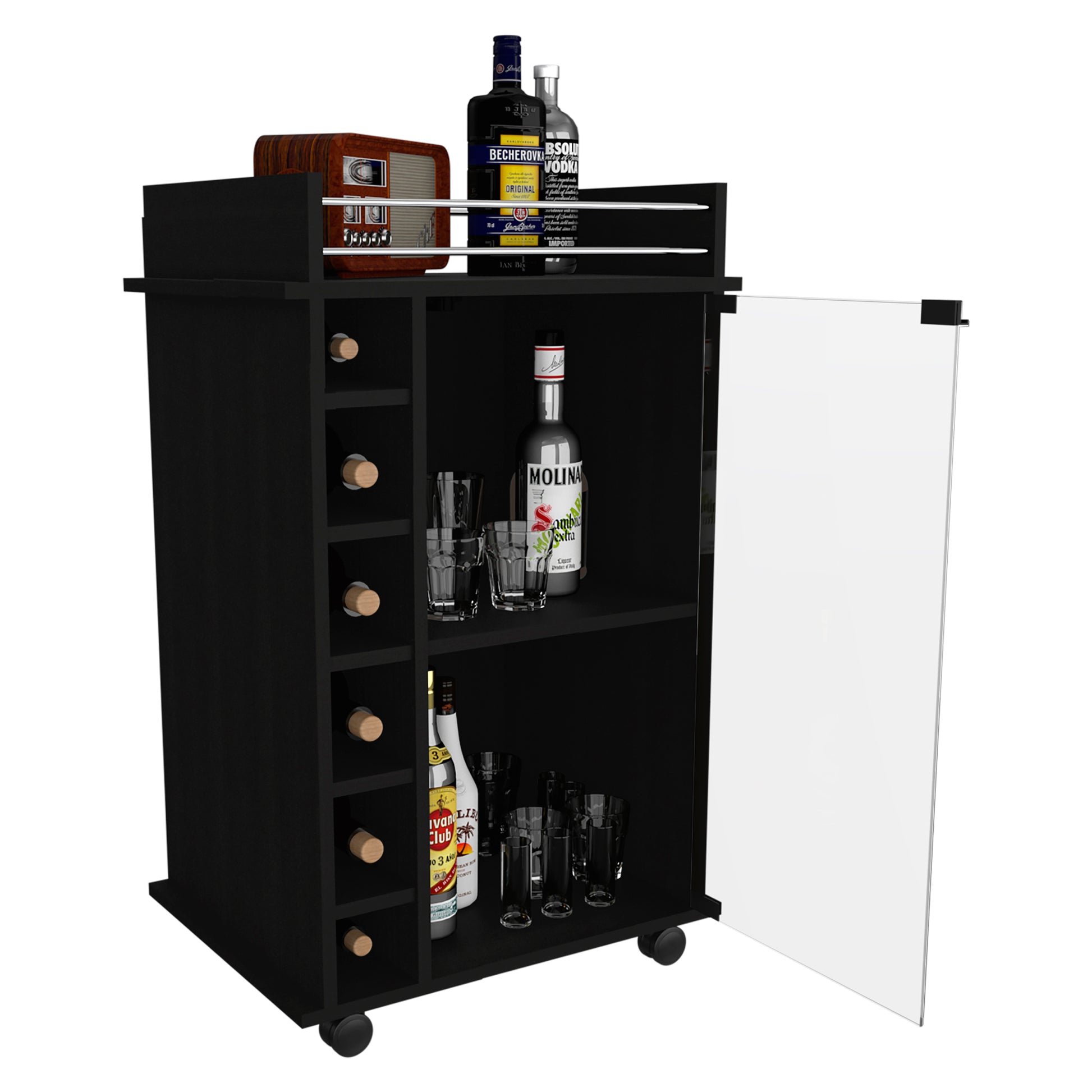 Vegas Bar Cart, Two Tier Cabinet With Glass Door, Six Cubbies For Liquor Black Particle Board Engineered Wood