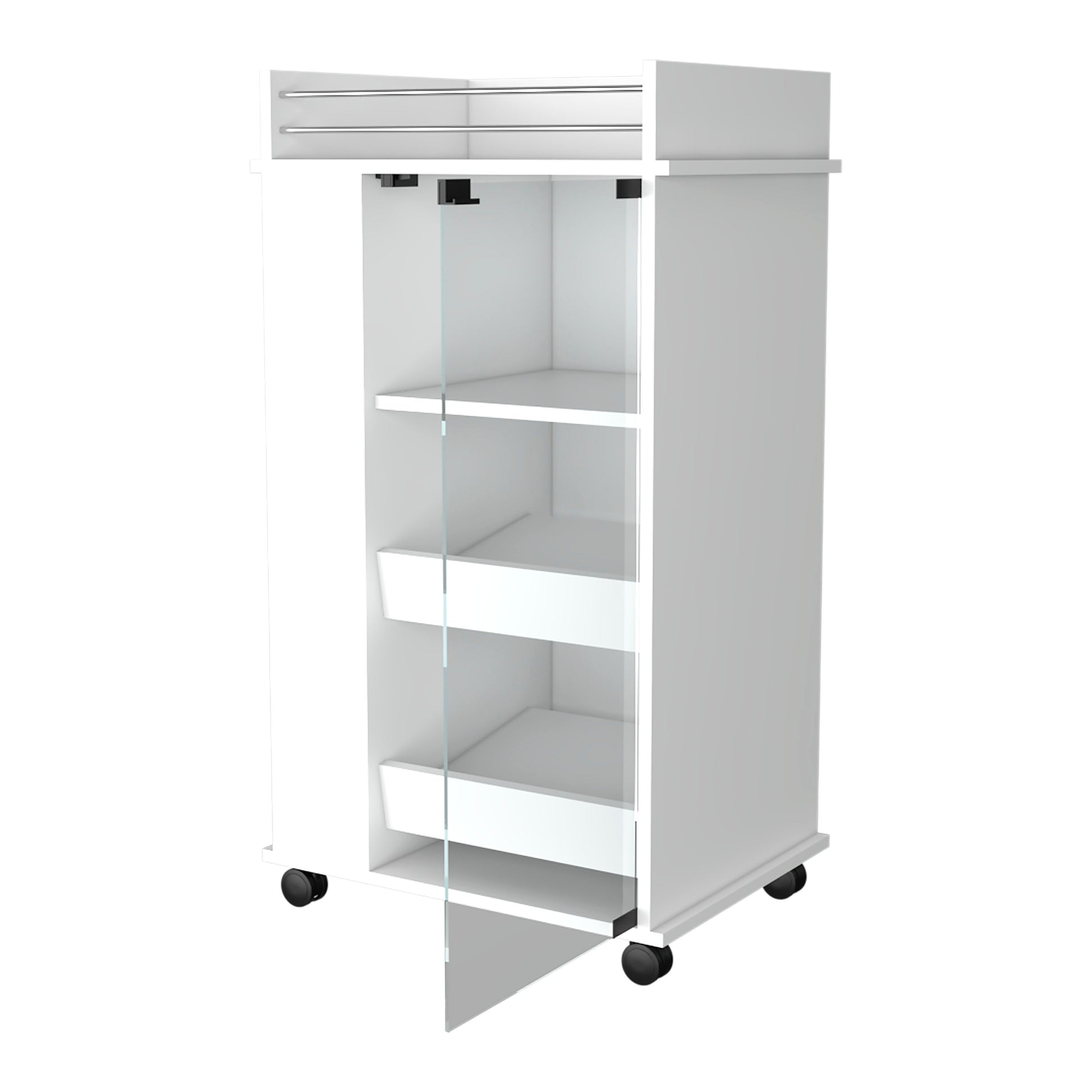 Lusk Bar Cart With 2 Bottle Holder Shelf, Glass Door And Casters White Industrial,Modern Particle Board Engineered Wood