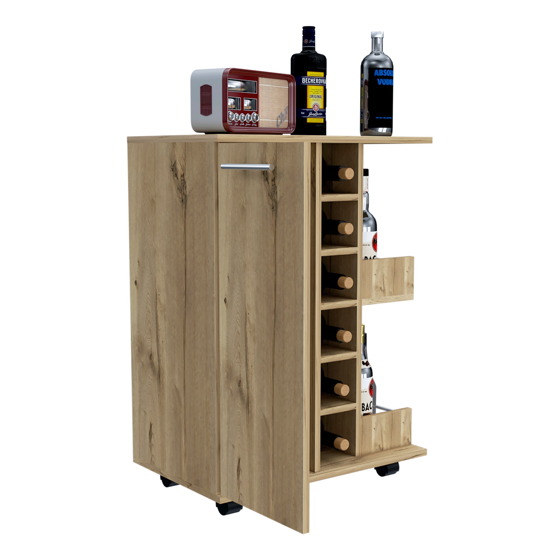 Tennessee Bar Cart, One Cabinet With Division, Six Cubbies For Liquor, Two Shelves Light Oak Primary Living Space Modern Pine Particle Board Engineered Wood