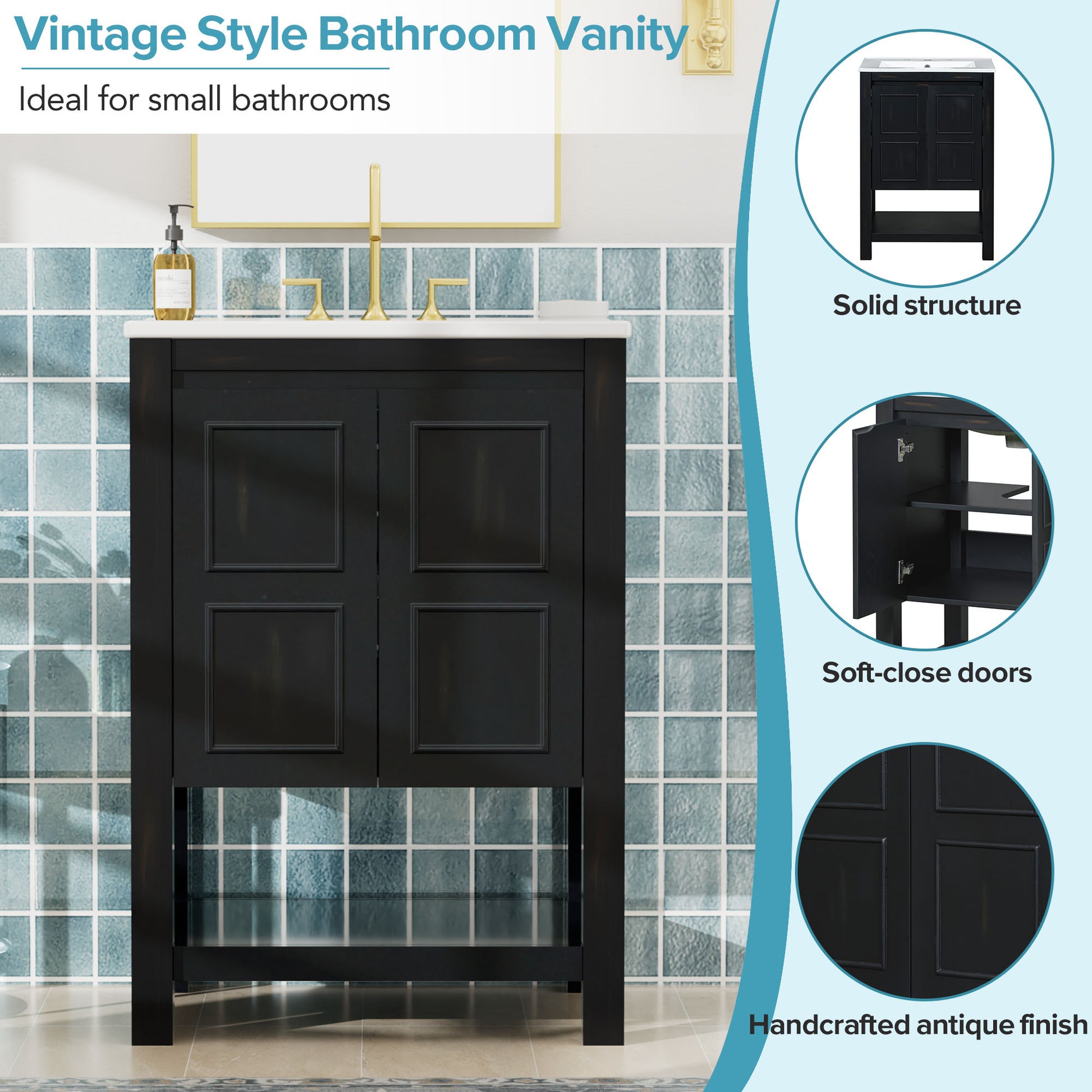 24X18.3X34.7 Inches Compact Vintage Style Bathroom Vanity Cabinet And Ceramic Sink Combo With Open Shelf 2 Soft Close Doors Espresso Bathroom Solid Wood Mdf