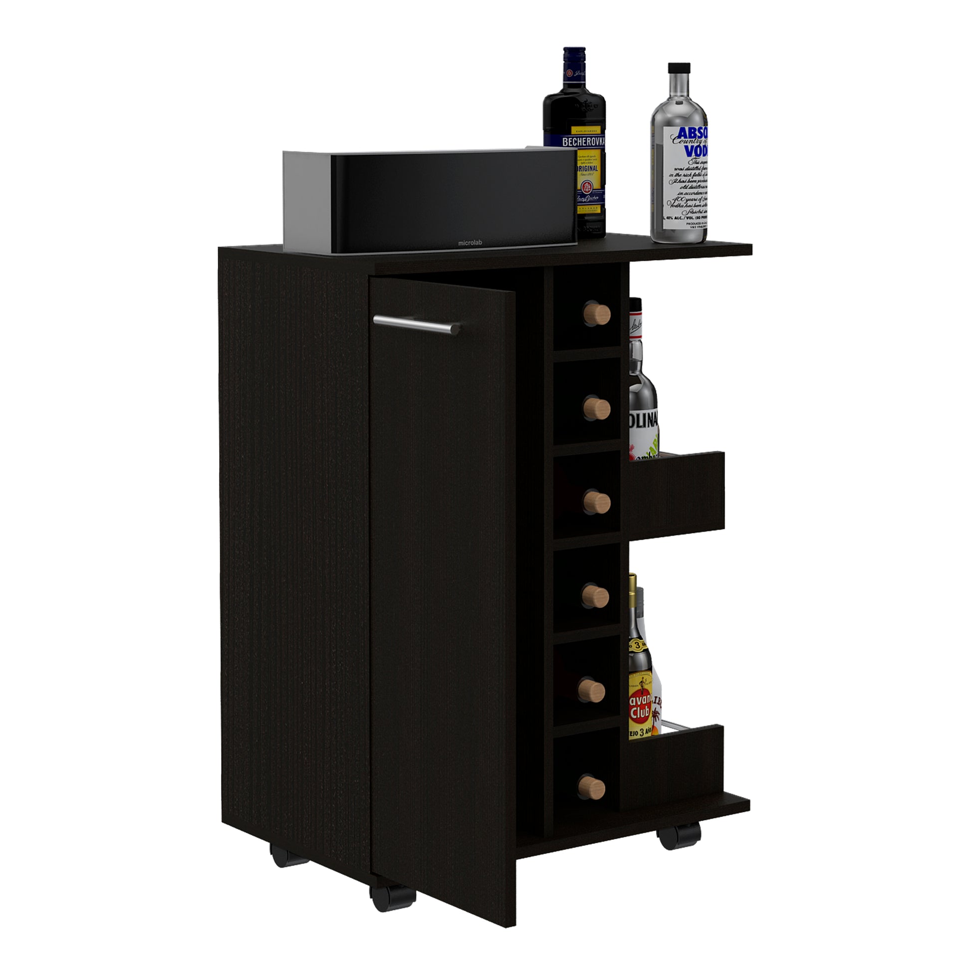 Tennessee Bar Cart, One Cabinet With Division, Six Cubbies For Liquor, Two Shelves Black Primary Living Space Modern Pine Particle Board Engineered Wood