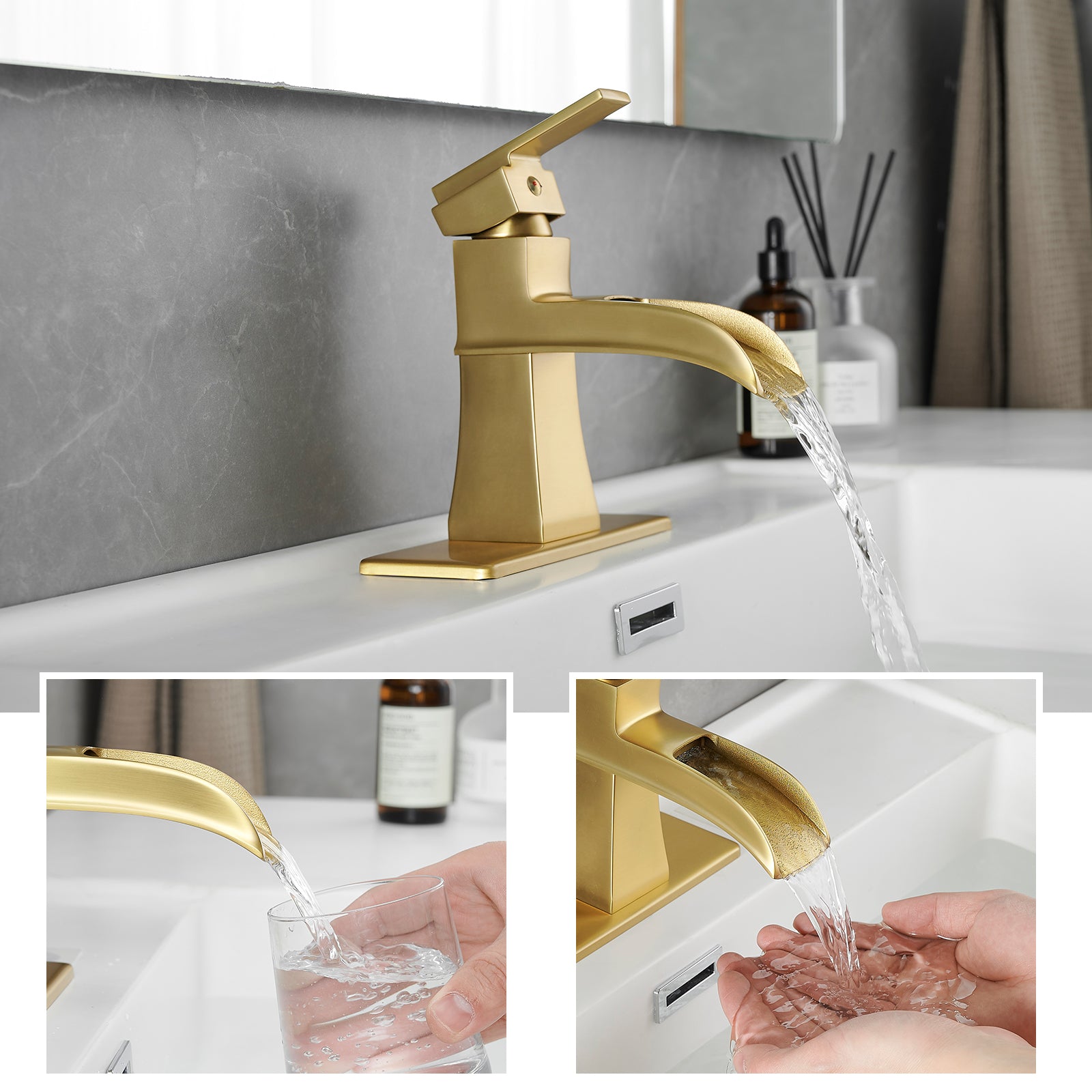 Sink Faucet With Deck Plate Waterfall Nickel Gold With Pop Up Drain And Supply Lines Bathroom Faucets For Sink 1 Hole One Handle Faucets Vanity Bath Mixer Tap Bathroom Joystick Geometric One Brushed Gold Side Sprayer Deck Mounted Cartridge Valve Single