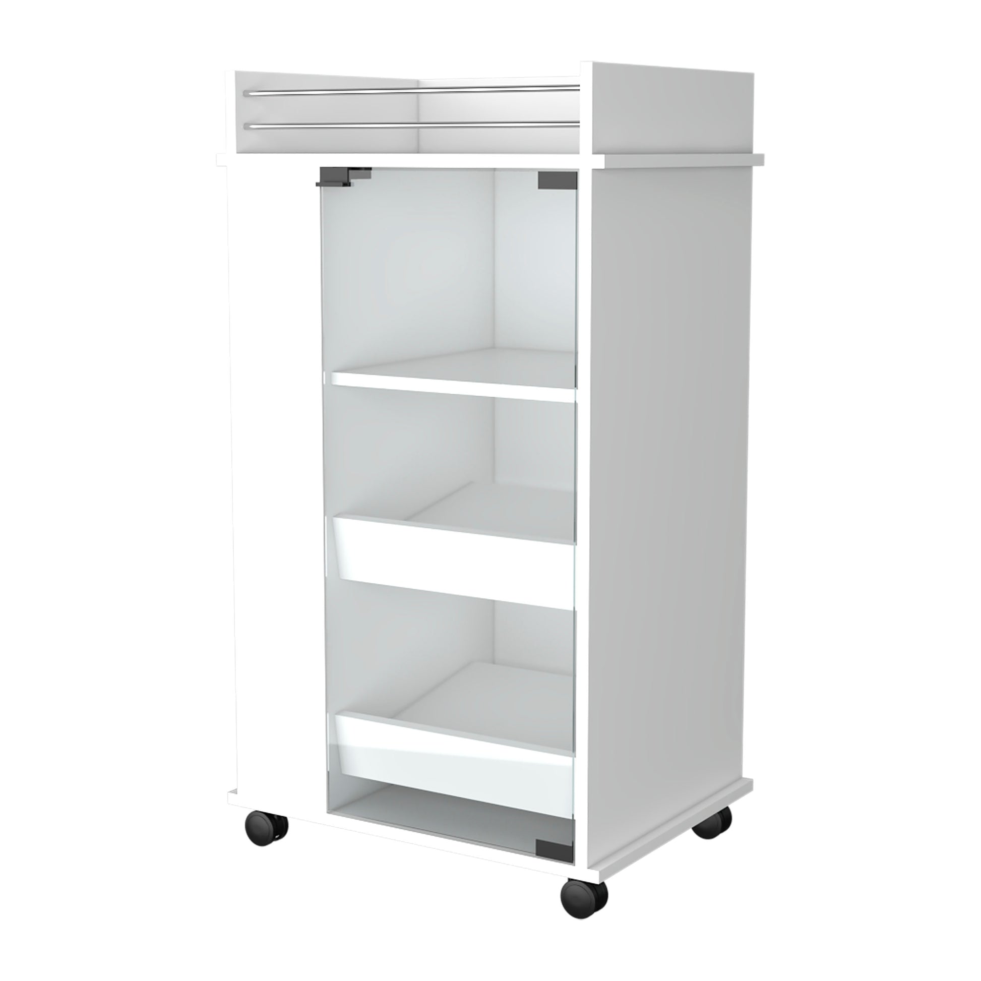 Lusk Bar Cart With 2 Bottle Holder Shelf, Glass Door And Casters White Industrial,Modern Particle Board Engineered Wood