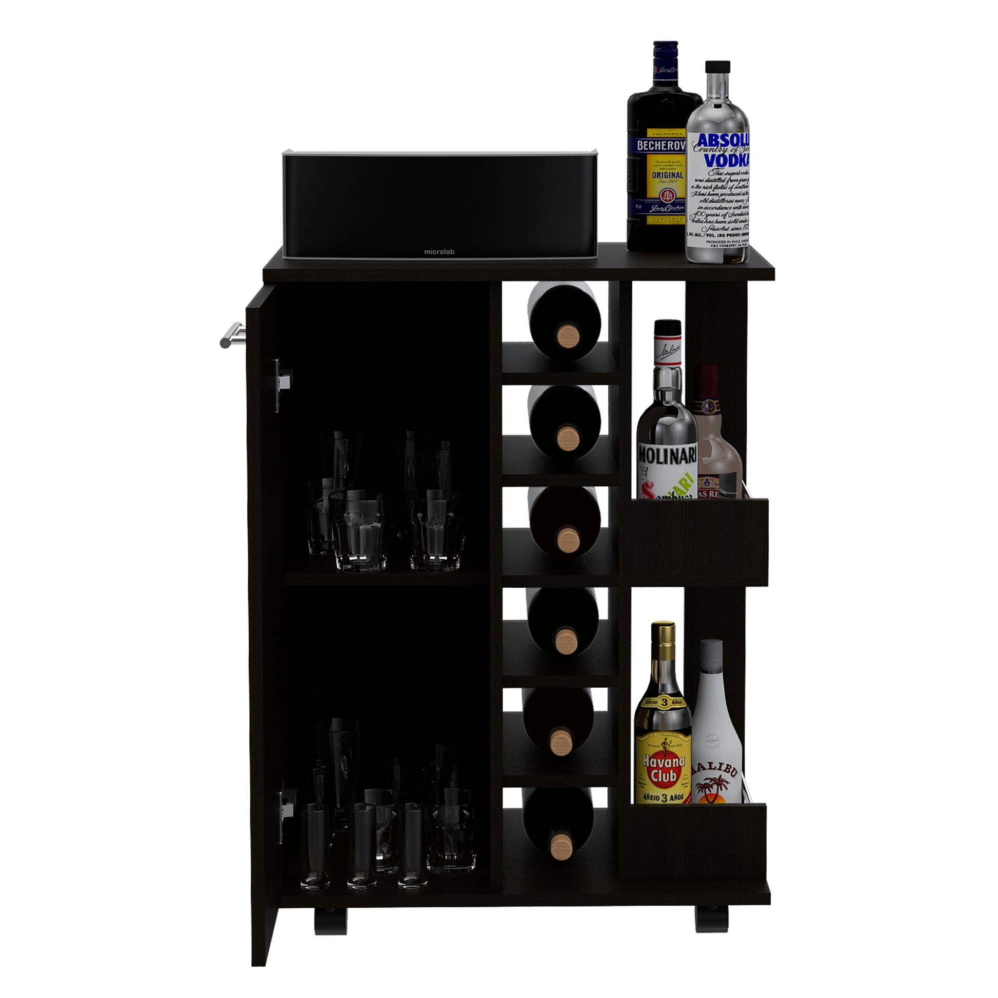 Tennessee Bar Cart, One Cabinet With Division, Six Cubbies For Liquor, Two Shelves Black Primary Living Space Modern Pine Particle Board Engineered Wood