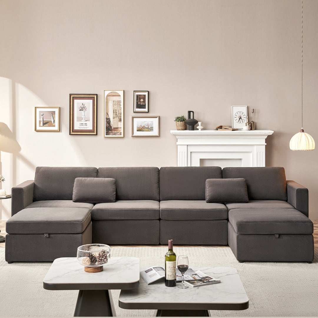 Modern Velvet Modular Sectional Sofa, U Shape Convertible Sofa Set With Pillows, Oversized Sectional Couches With Storage Ottomans For Living Room, Loft, Apartment, Office Dark Gray 6 Seats Gray Wood Primary Living Space Medium Duty Pine 6 Seat Dark Gray