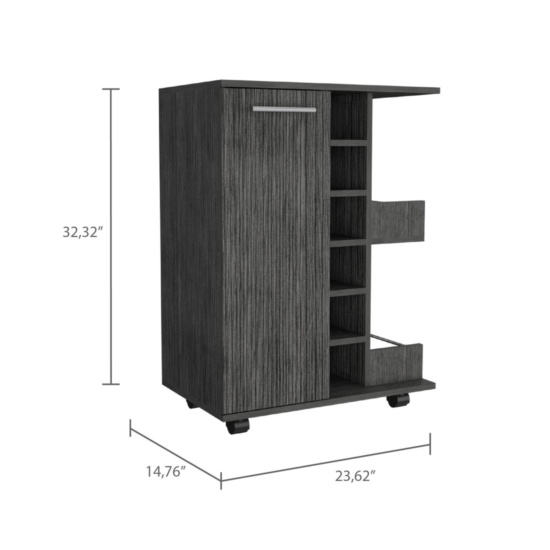 Tennessee Bar Cart Made Of Particle Board With 1 Cabinet With Division, 6 Cubbies For Liquor And 2 Shelves Mobile Carts 5 Or More Spaces Smoke Primary Living Space Open Storage Space Modern Pine