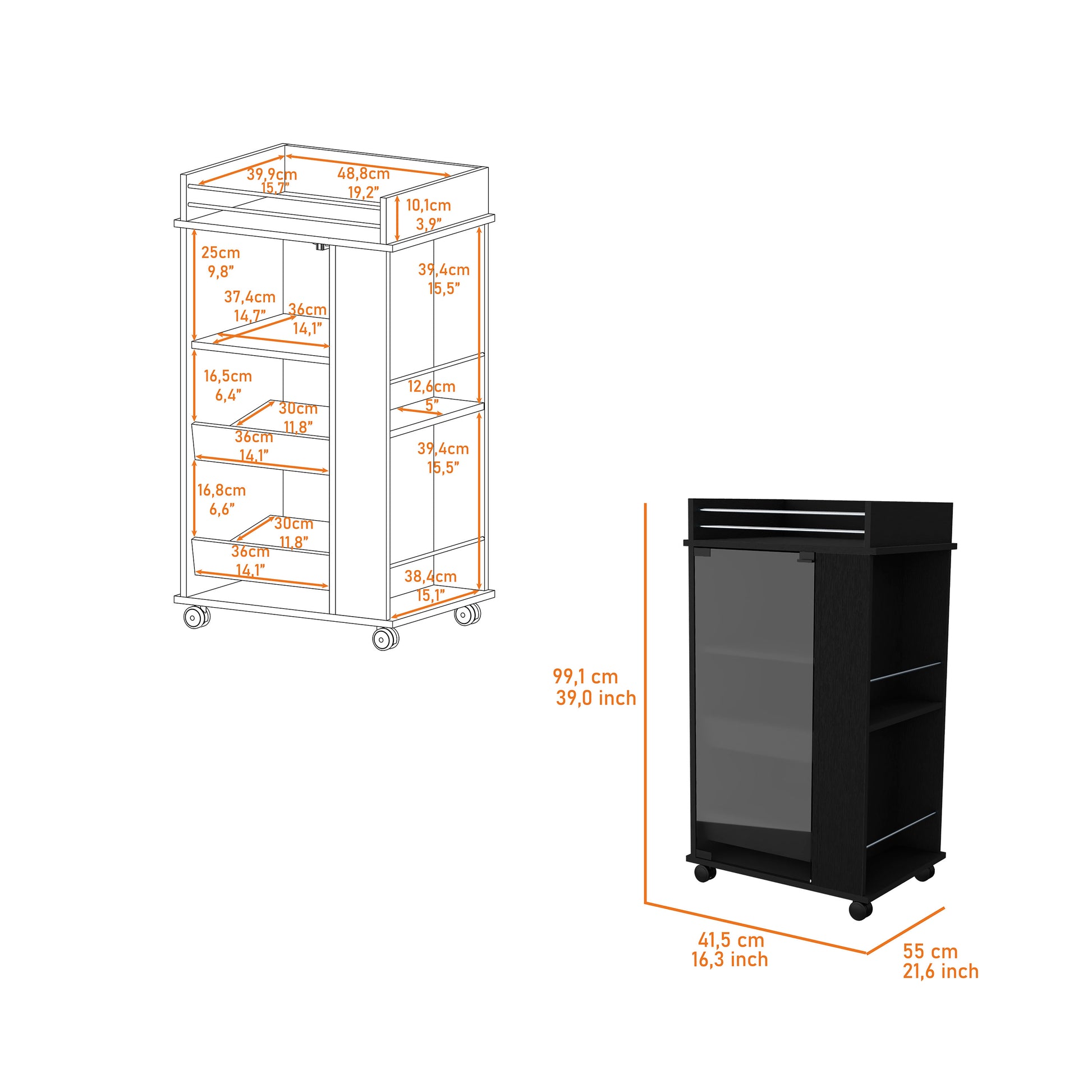 Lusk Bar Cart With 2 Bottle Holder Shelf, Glass Door And Casters Black Particle Board Engineered Wood