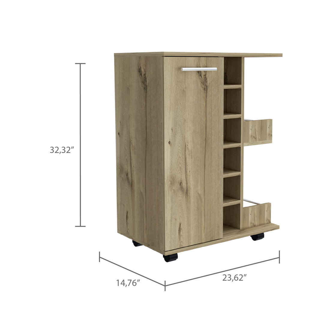 Tennessee Bar Cart, One Cabinet With Division, Six Cubbies For Liquor, Two Shelves Mobile Carts Light Oak Primary Living Space Open Storage Space Modern Pine Particle Board Engineered Wood