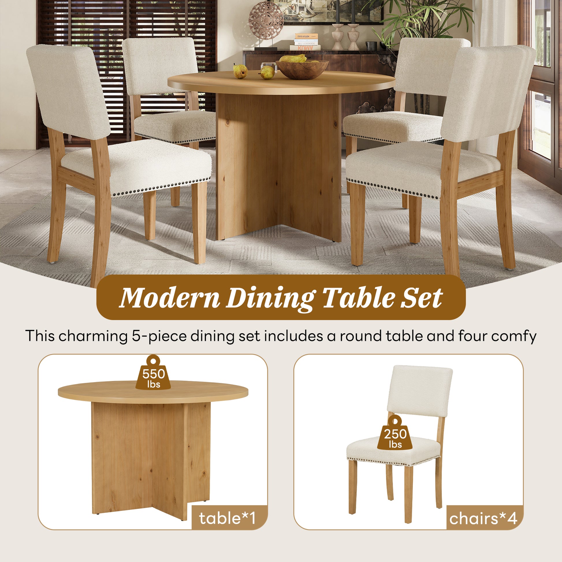 Modern 5 Piece Round Dining Table Set Pedestal Kitchen Table Set With 4 Upholstered Dining Chairs For Studio, Apartment, Small Places, Natural Wood Dining Room Solid Wood Rubberwood Round Dining Table With Chair Wood Wood Natural Solid Back Seats 4